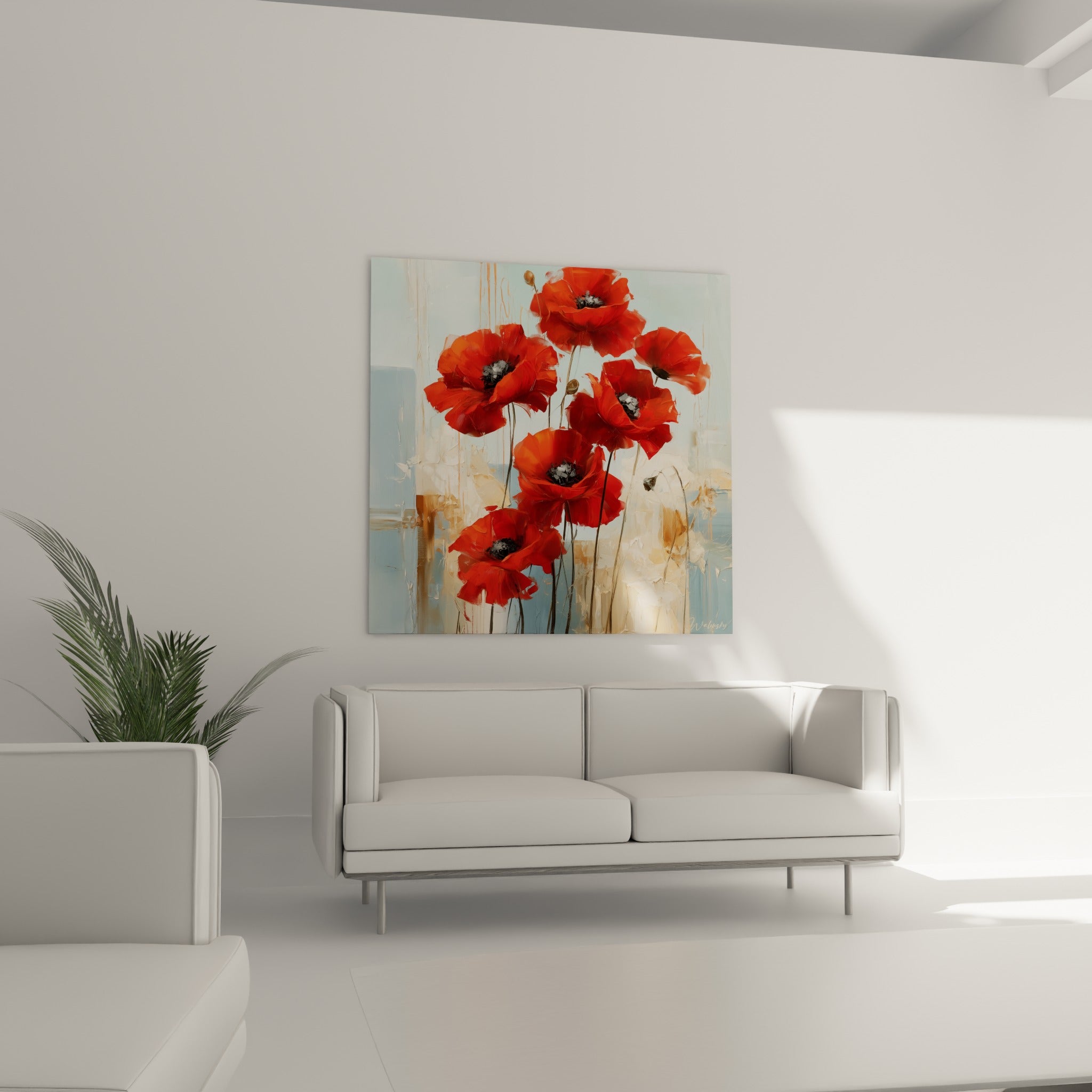 Fleurs de coquelicot rouge vif et fond bleu pastel accrochées au-dessus d'un canapé dans un salon lumineux