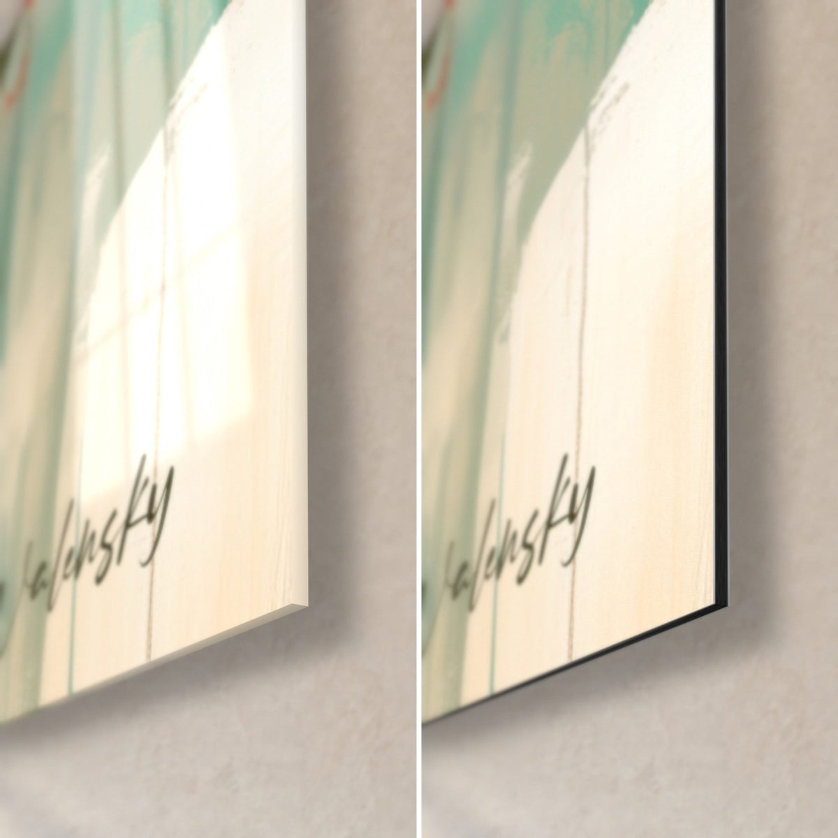 Wall art of vermilion red and sage green poppies, bottom right corner: glossy acrylic glass on the left, matte black Dibond aluminum on the right