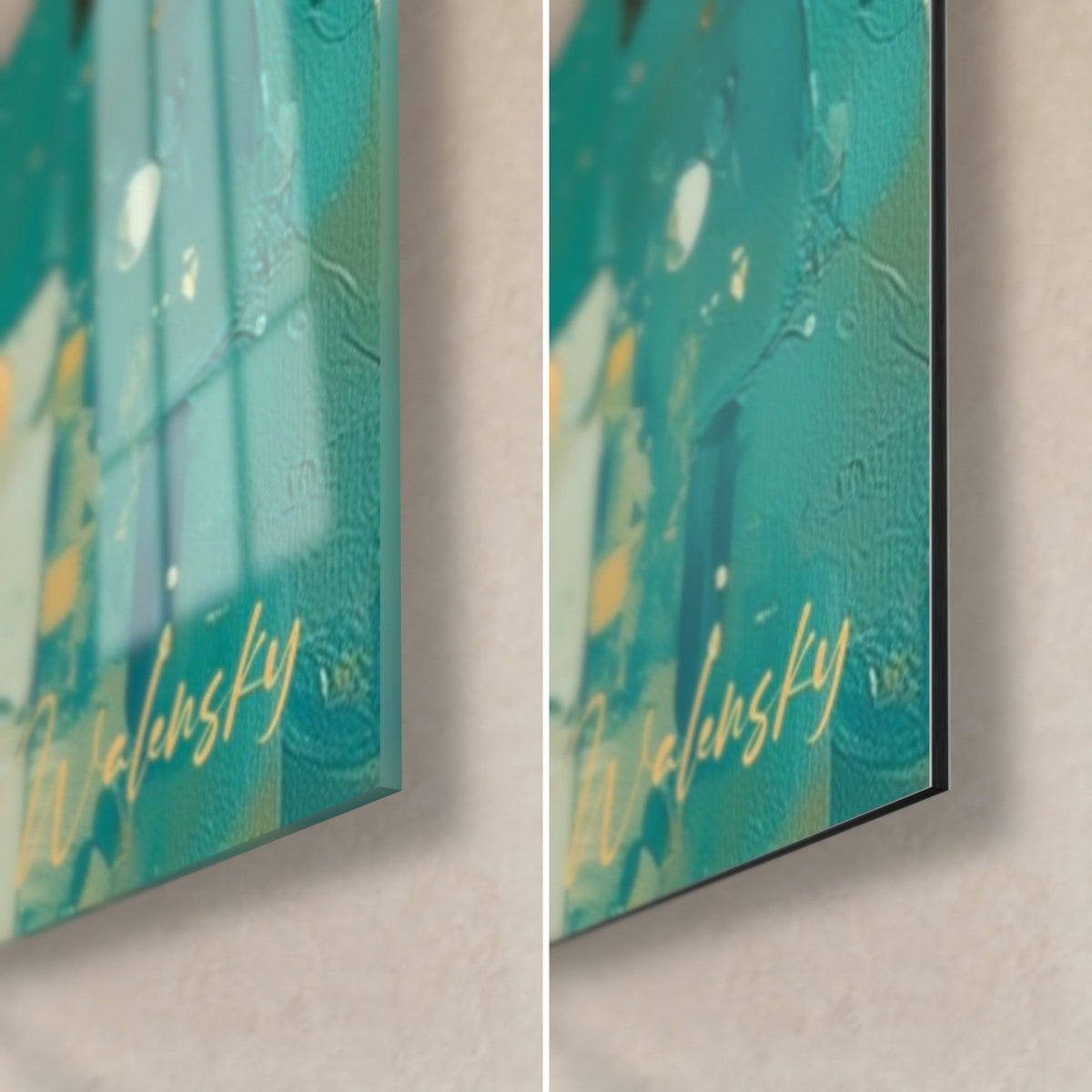 Tableau fleurs rouges et soleil doré, coin bas droit turquoise : verre acrylique brillant à gauche, Dibond noir mat à droite, tranche 3 mm