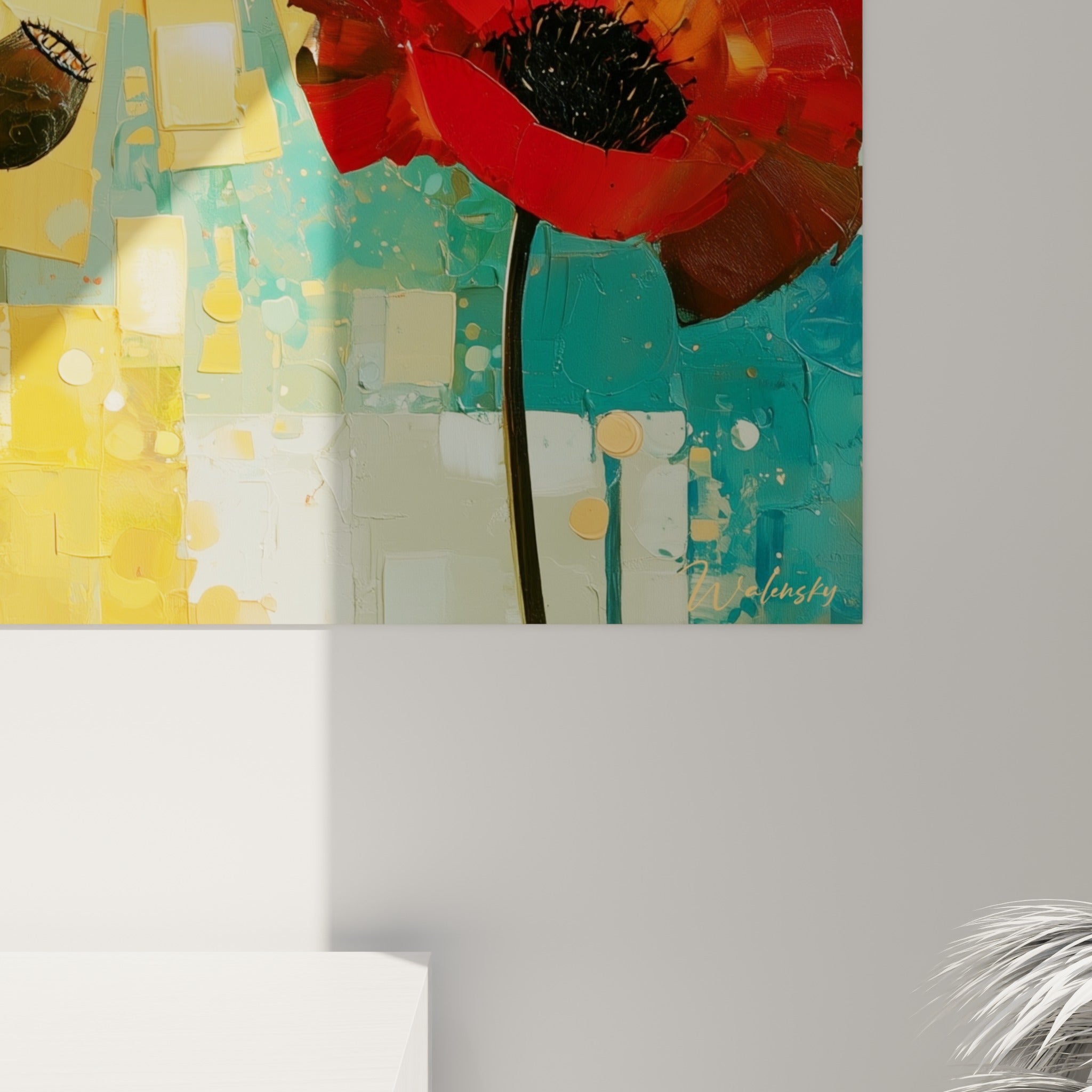 Empâtements épais de peinture rouge et dorée révélant le grain et le relief du tableau coquelicot