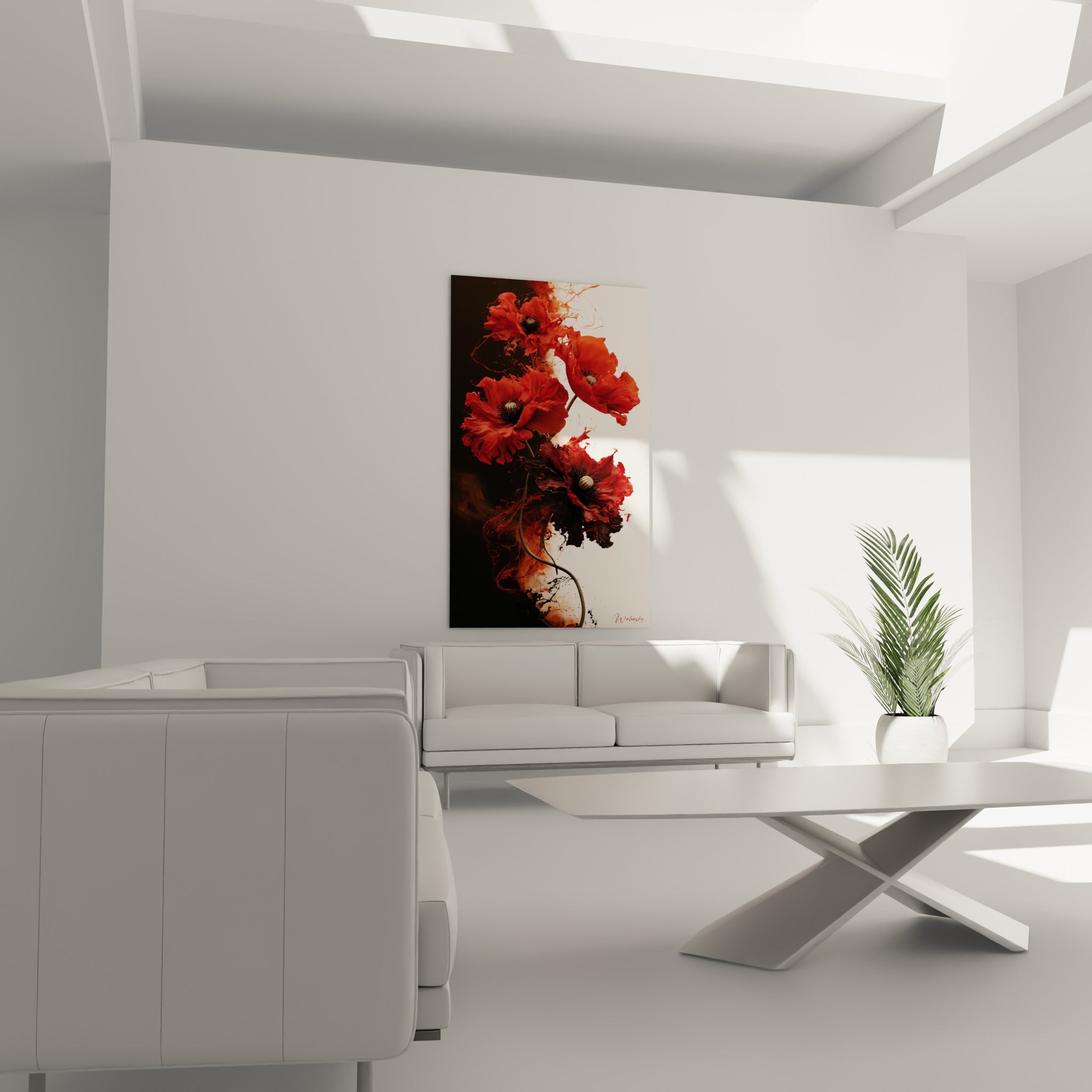 Fleurs de coquelicot rouge et étamines dorées au-dessus d'un canapé dans un salon lumineux