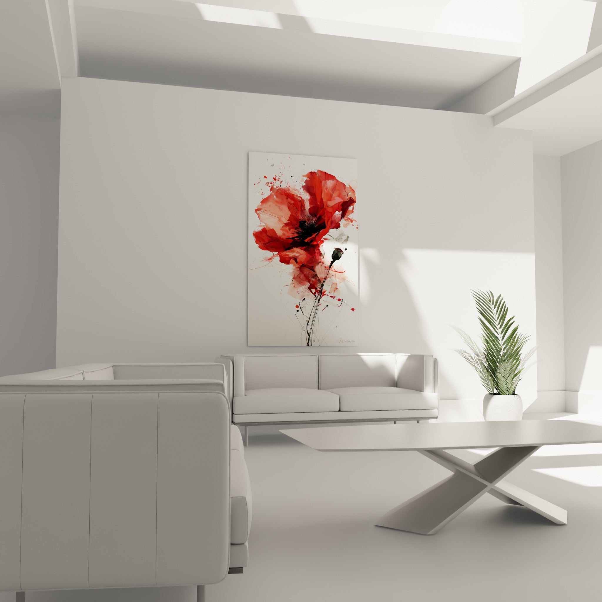 Fleur écarlate aux nuances bordeaux et noires accrochée au-dessus d'un canapé dans un salon lumineux