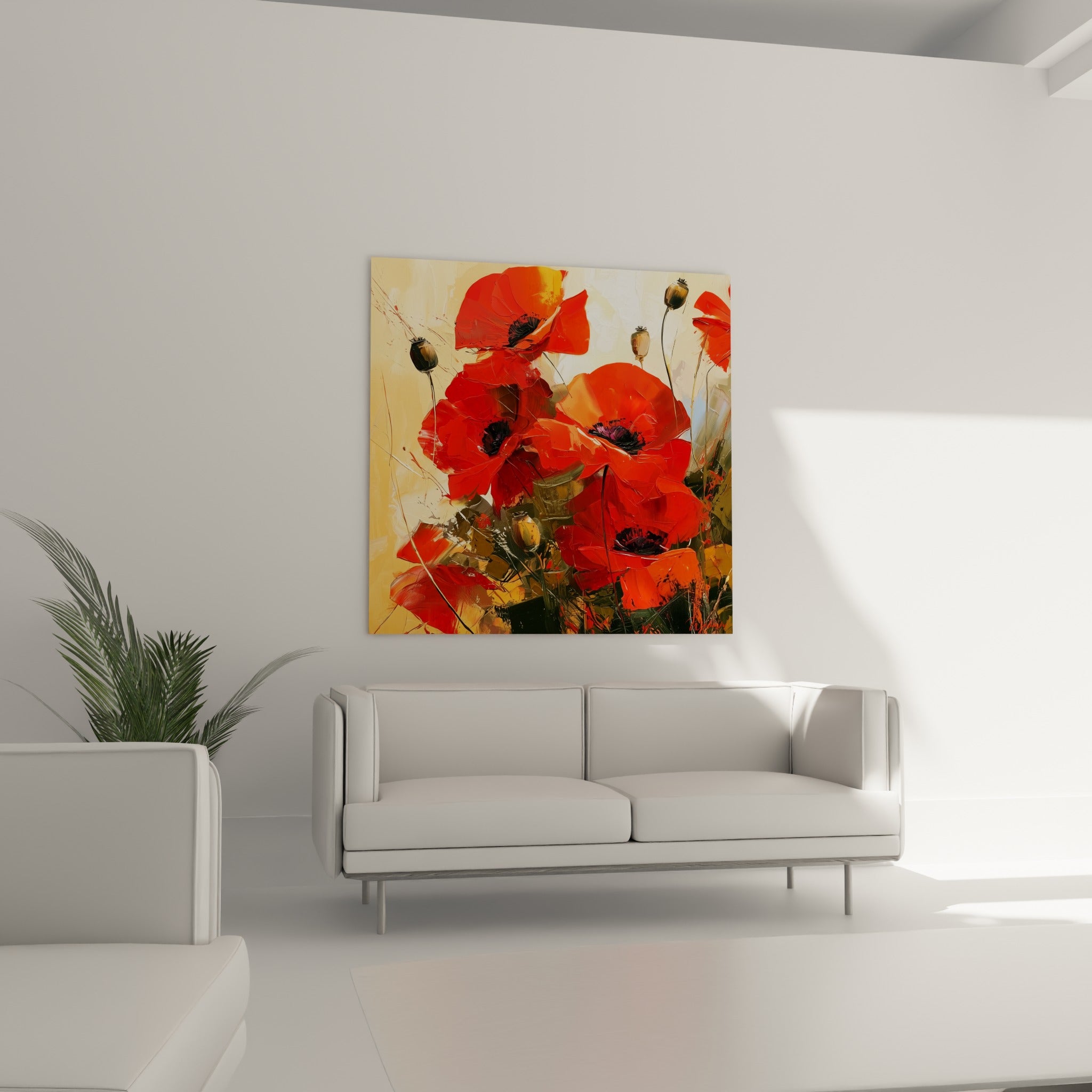 Fleurs de coquelicot orangé et rouge intense placées au-dessus d'un canapé dans un salon lumineux