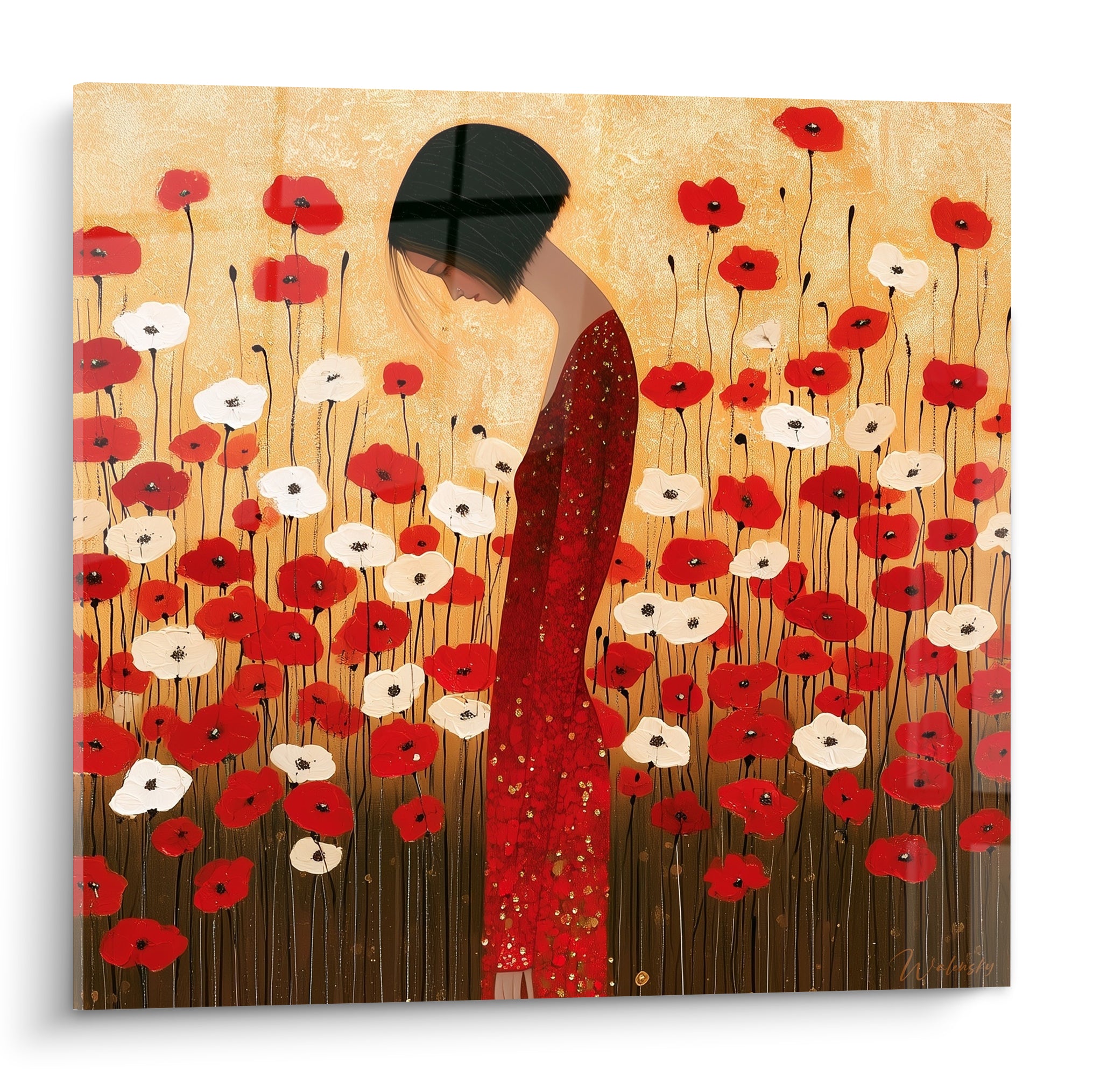 Femme en robe rouge scintillante penchée parmi coquelicots rouges et blancs sur fond doré
