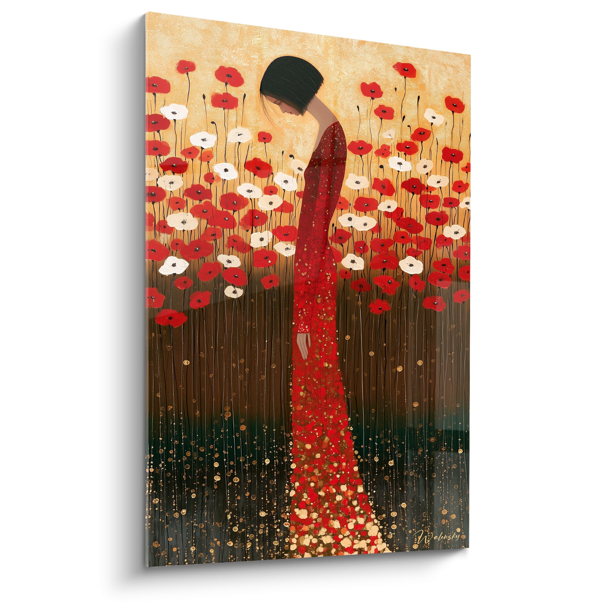 Femme en robe rouge dorée penchée parmi des coquelicots rouges et blancs sur fond ocre