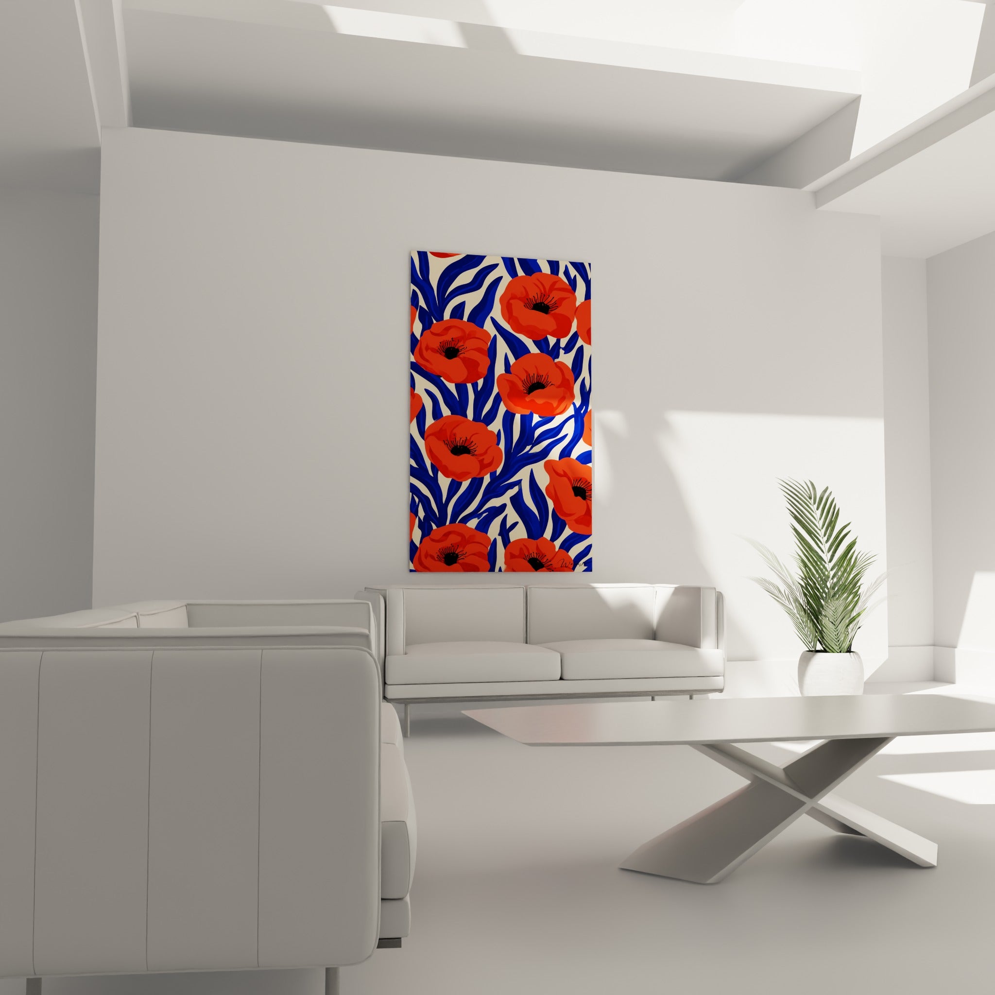 Motif de coquelicots orangés sur entrelacs bleu marine, accroché au-dessus d'un canapé dans un salon lumineux