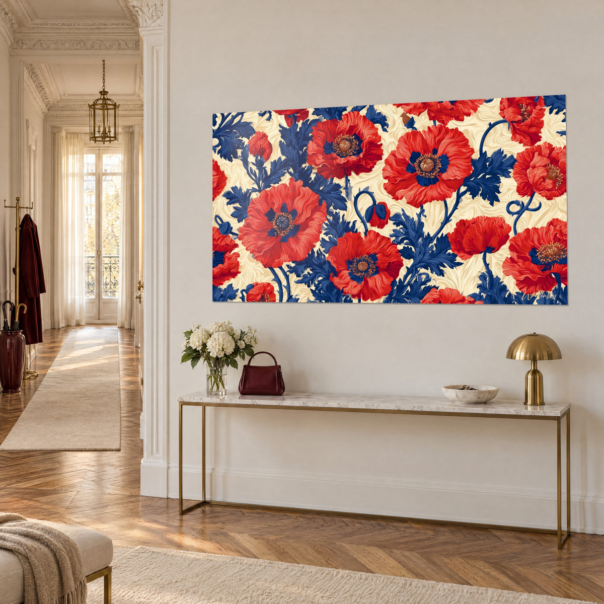 Wall art of a poppy field with crinkled red petals and navy stems, beige wall, gilded console in three-quarter view