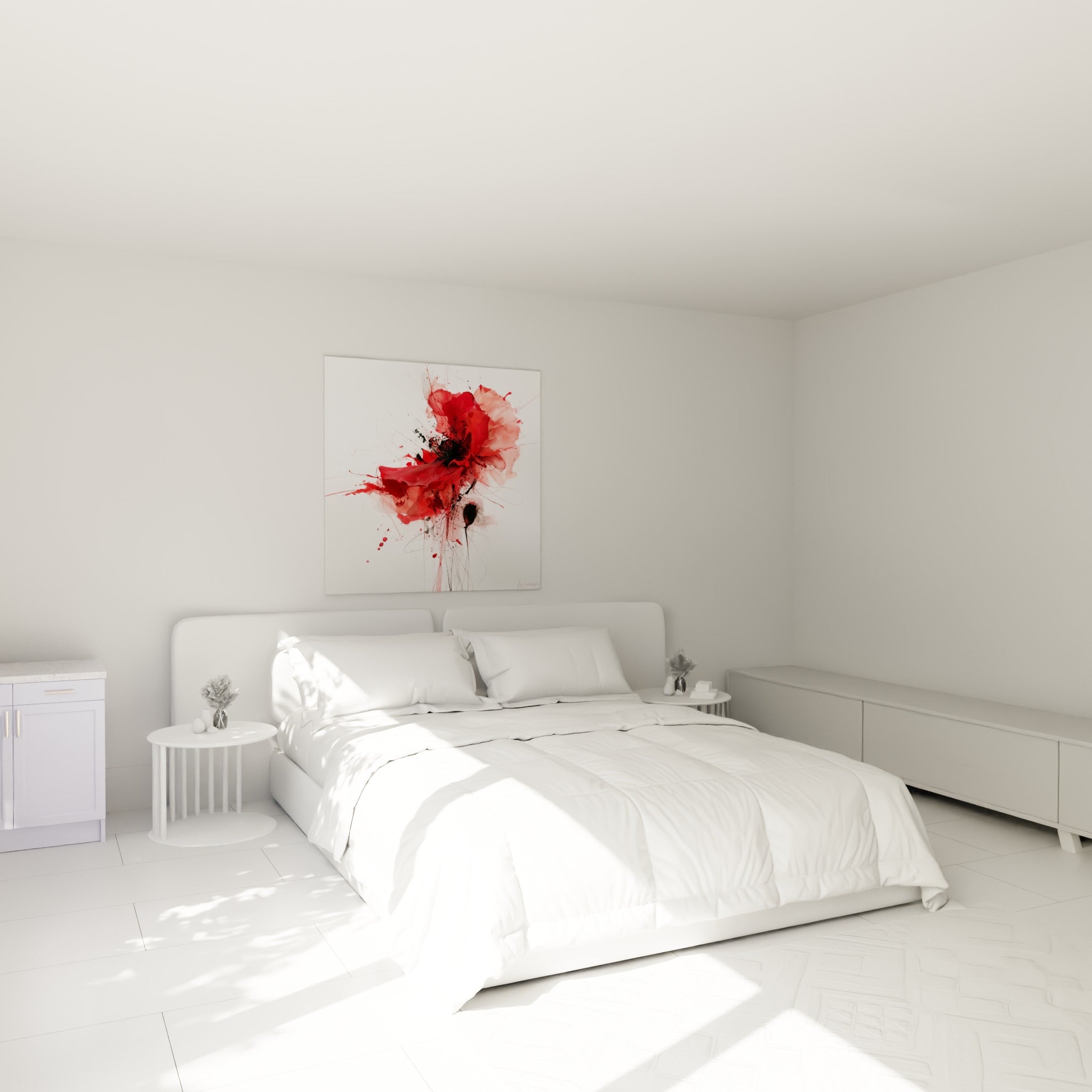 Fleur rouge carmin et noire aux traits expressifs, accrochée au-dessus d'un lit dans une chambre claire