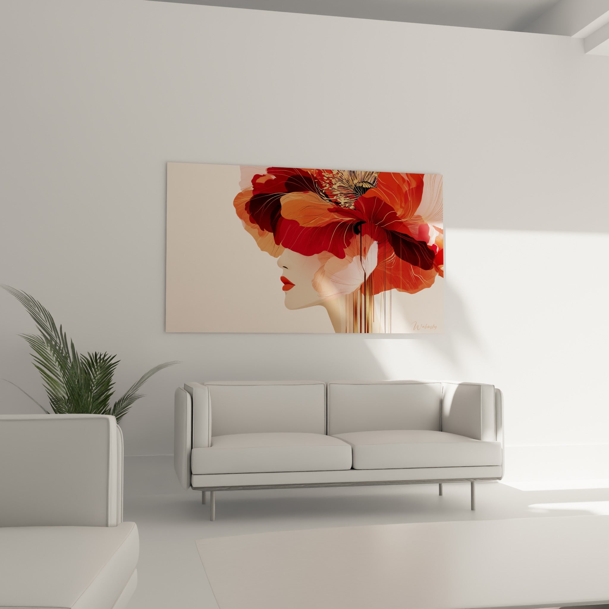 Silhouette féminine noyée de pétales orangés et rouges, suspendue au-dessus d'un canapé dans un salon lumineux