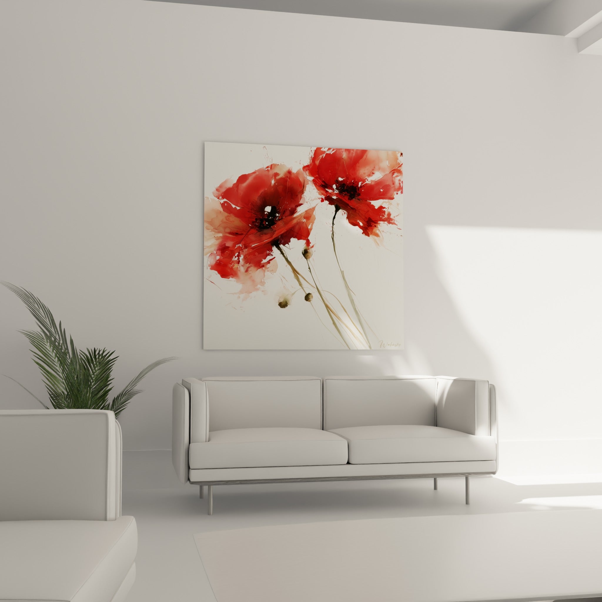 Fleurs rouges et anthracite en éclaboussures d'aquarelle, au-dessus d'un canapé dans un salon lumineux