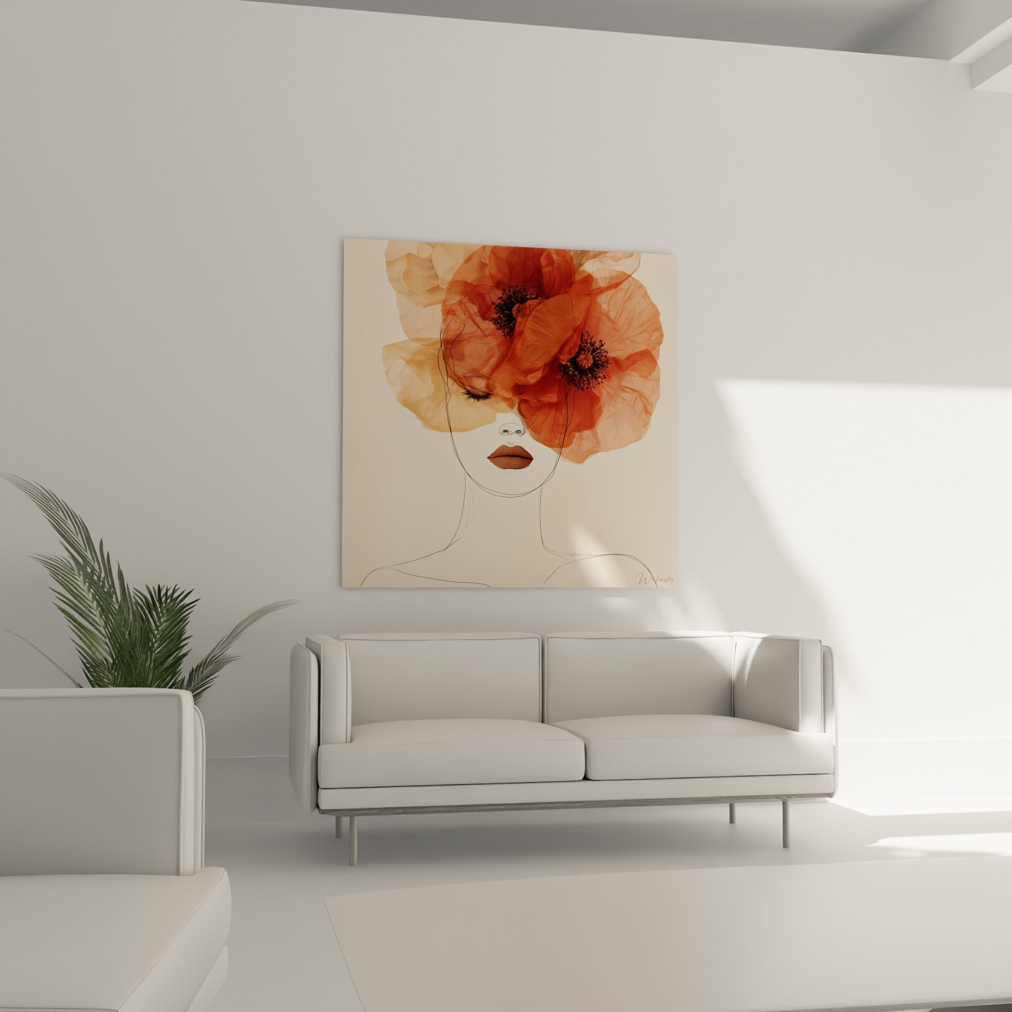 Pétales ocre et terracotta enveloppant un portrait esquissé en noir, au-dessus d'un canapé dans un salon lumineux