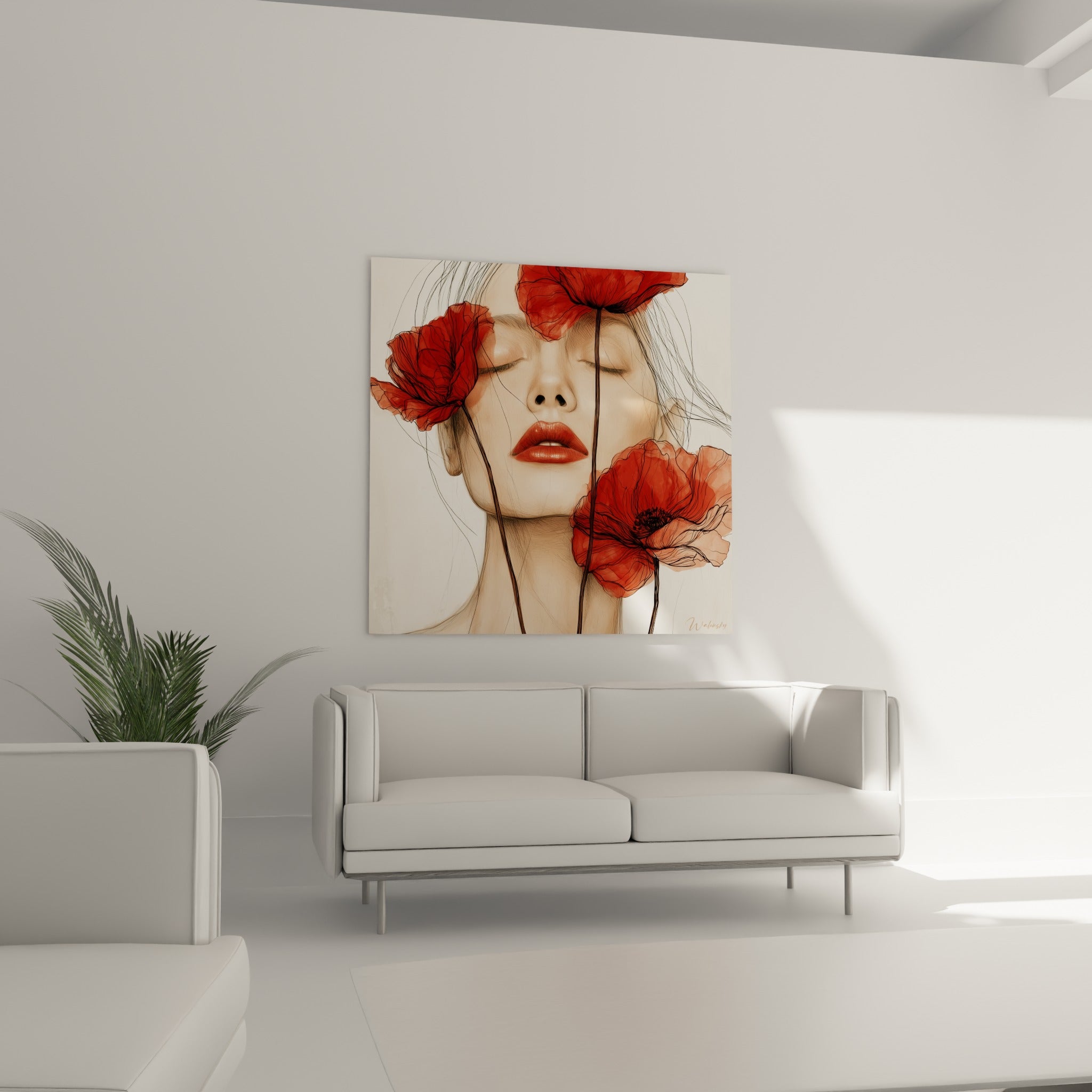 Femme yeux fermés parmi des fleurs rouge sang au-dessus d'un canapé dans un salon lumineux