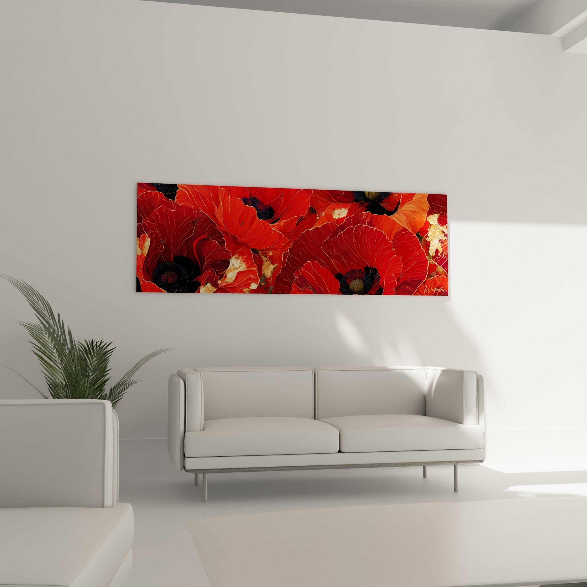 Fleurs de coquelicot rouge et bordeaux aux cœurs noirs, au-dessus d'un canapé dans un salon lumineux