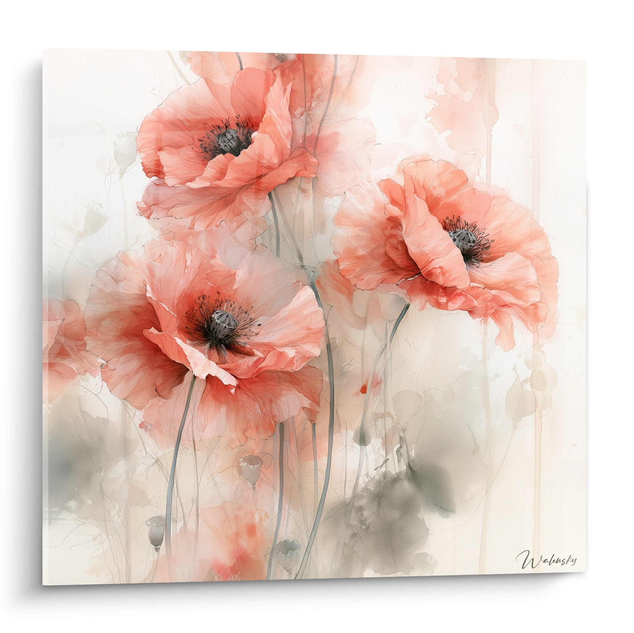Coquelicots corail aux cœurs anthracite peints à l'aquarelle sur fond ivoire texturé