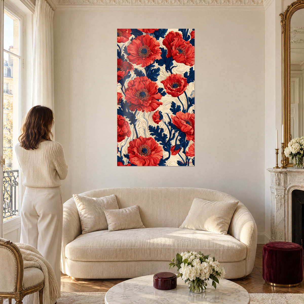 Quadro papaveri scarlatti e foglie blu navy su fondo crema, donna di spalle, sopra un divano in un soggiorno luminoso