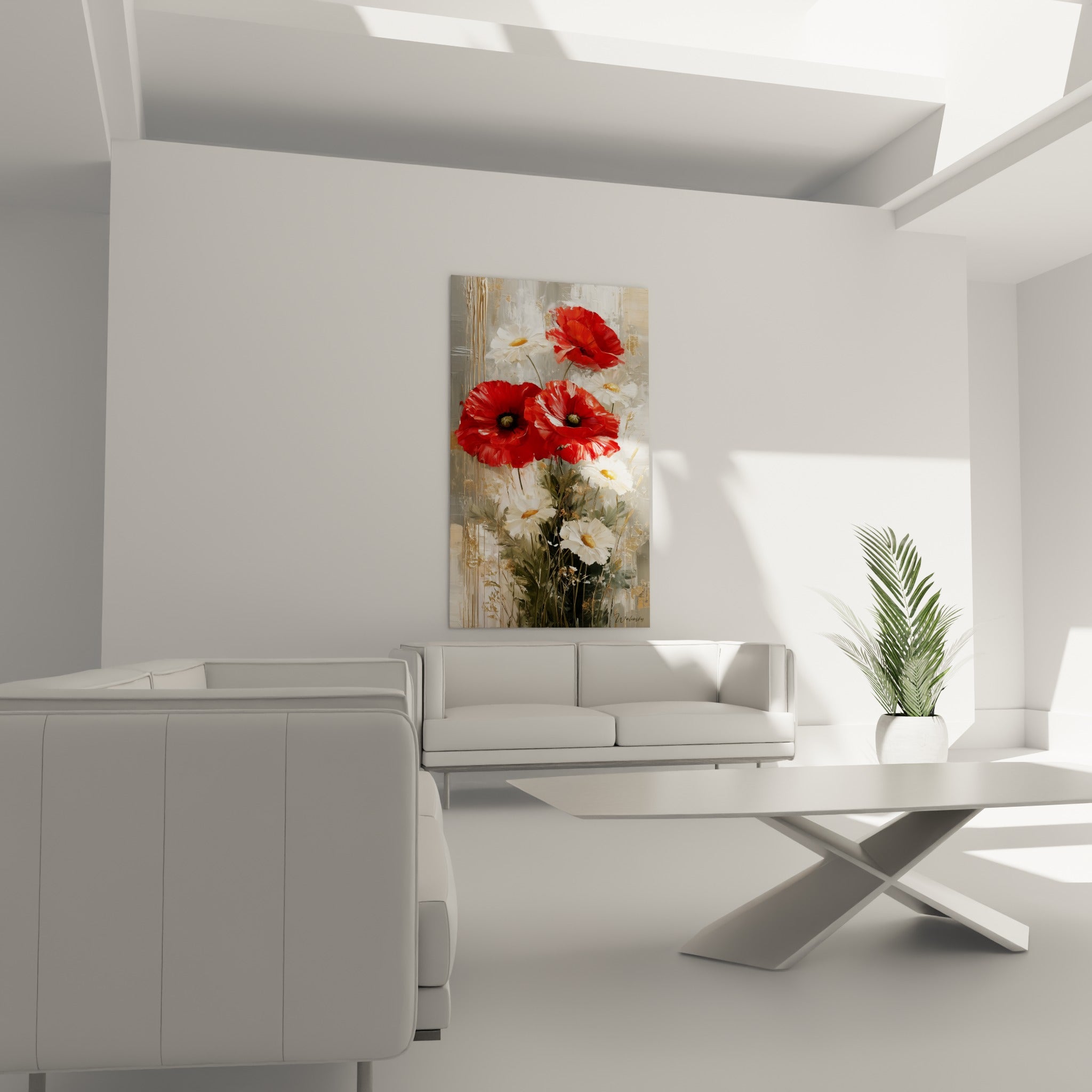 Fleurs rouges et blanches peintes en relief au-dessus d'un canapé dans un salon lumineux