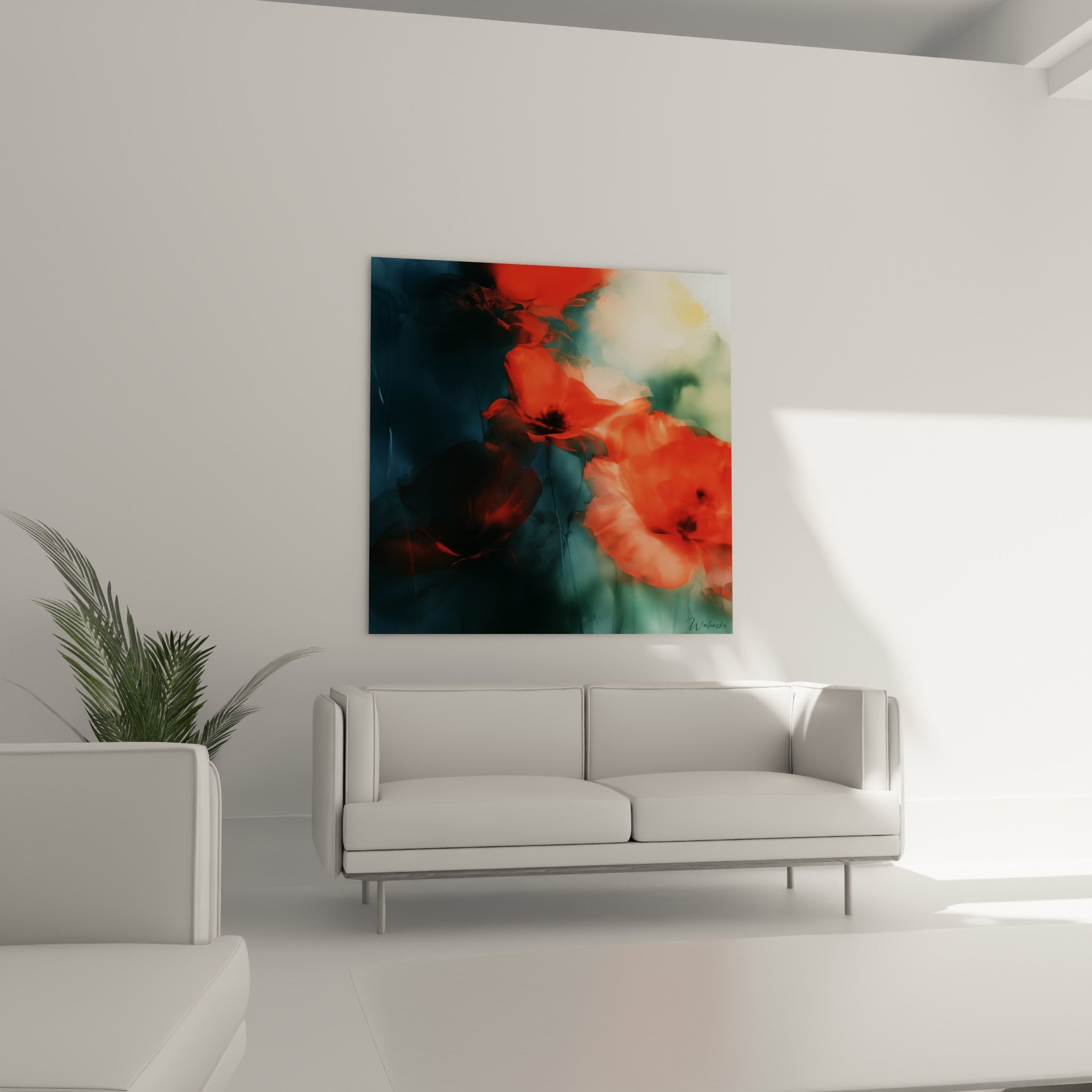 Fleurs de coquelicot orangées et cœurs sombres illuminant un tableau au-dessus d'un canapé dans un salon lumineux