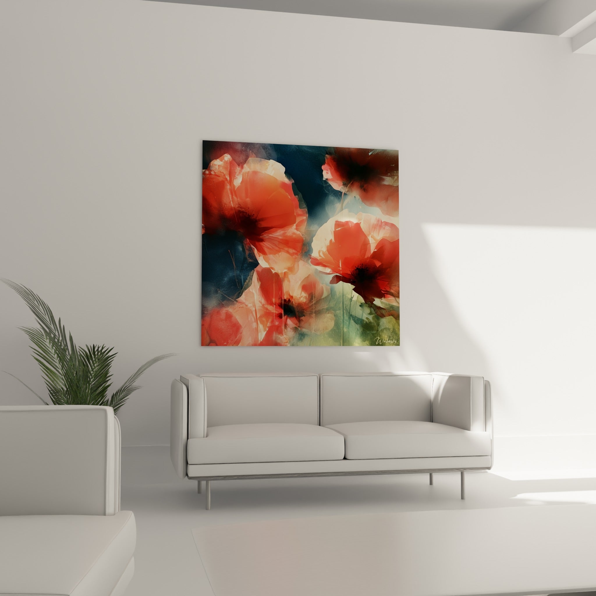 Fleurs de coquelicot ocre et corail aux nervures fines placées au-dessus d'un canapé dans un salon lumineux
