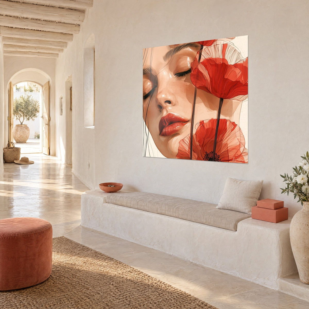 Cuadro retrato soñador en beige rosado y rojo vivo, flores de tallos negros y finos, muro de cal de una casa mediterránea