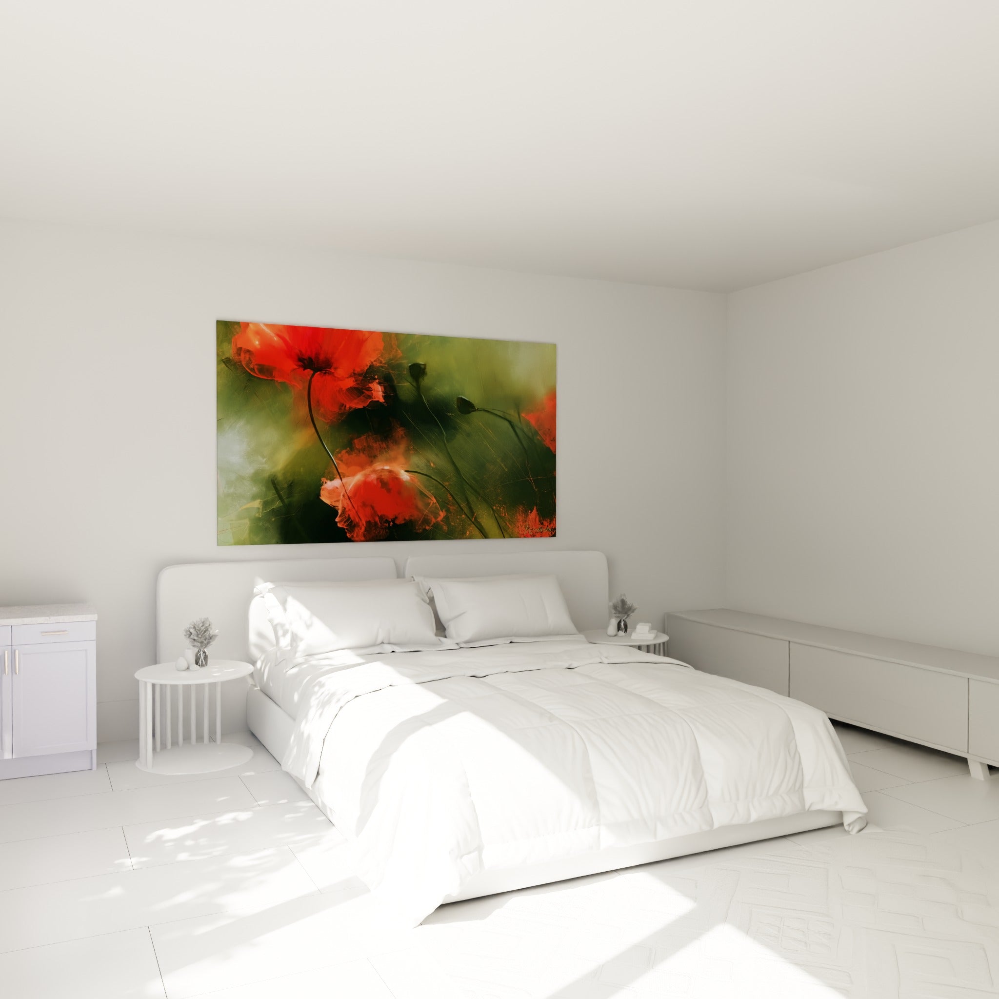 Pétales rouges et boutons noirs d'un coquelicot au-dessus d'un lit dans une chambre claire