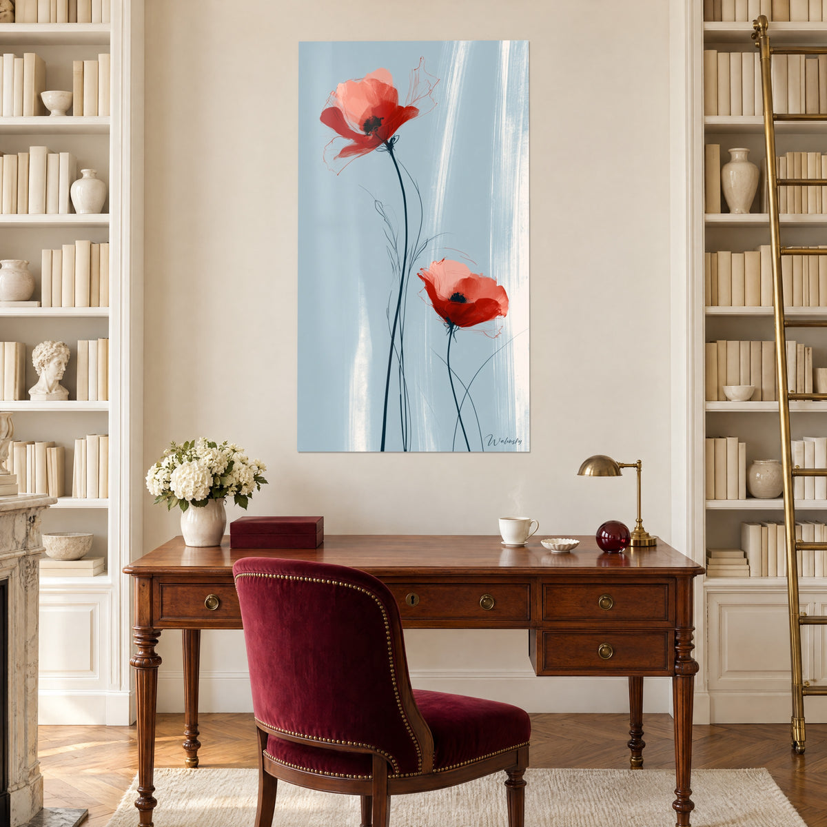 Wall art poppy flower with blood-red and pale pink petals, midnight blue stem, grey-blue background, above a wooden desk and bookshelves