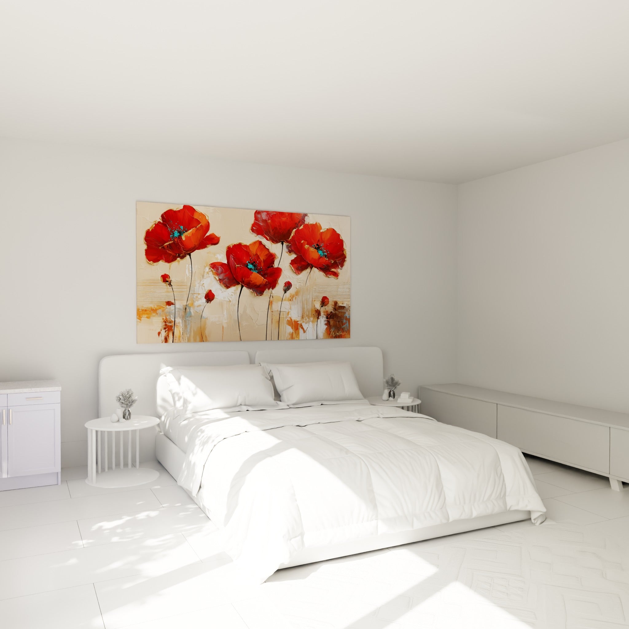 Coquelicots rouges et touches turquoise apaisent l'atmosphère au-dessus d'un lit dans une chambre claire.