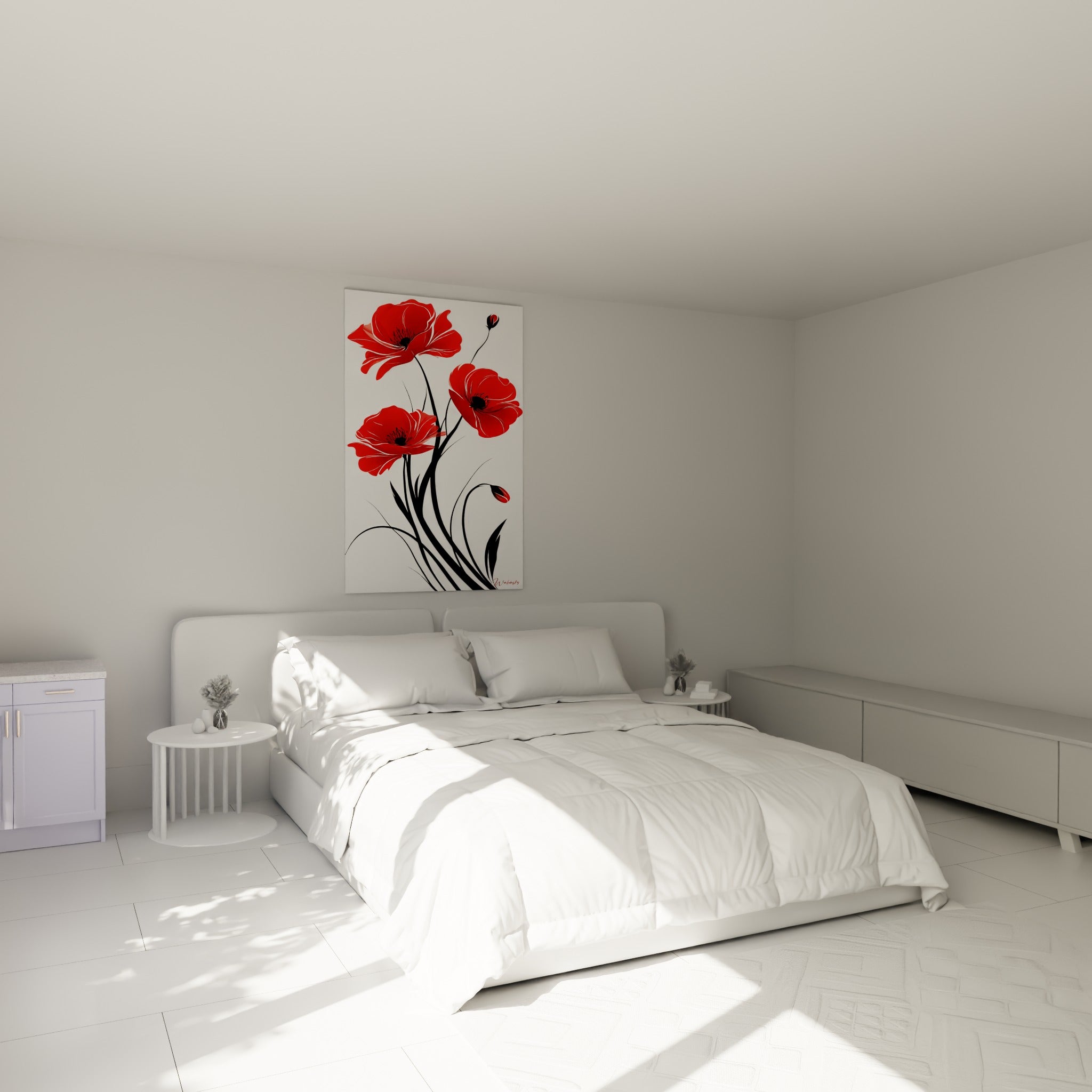 Fleurs rouges et noires aux tiges fines accrochées au-dessus d'un lit dans une chambre claire