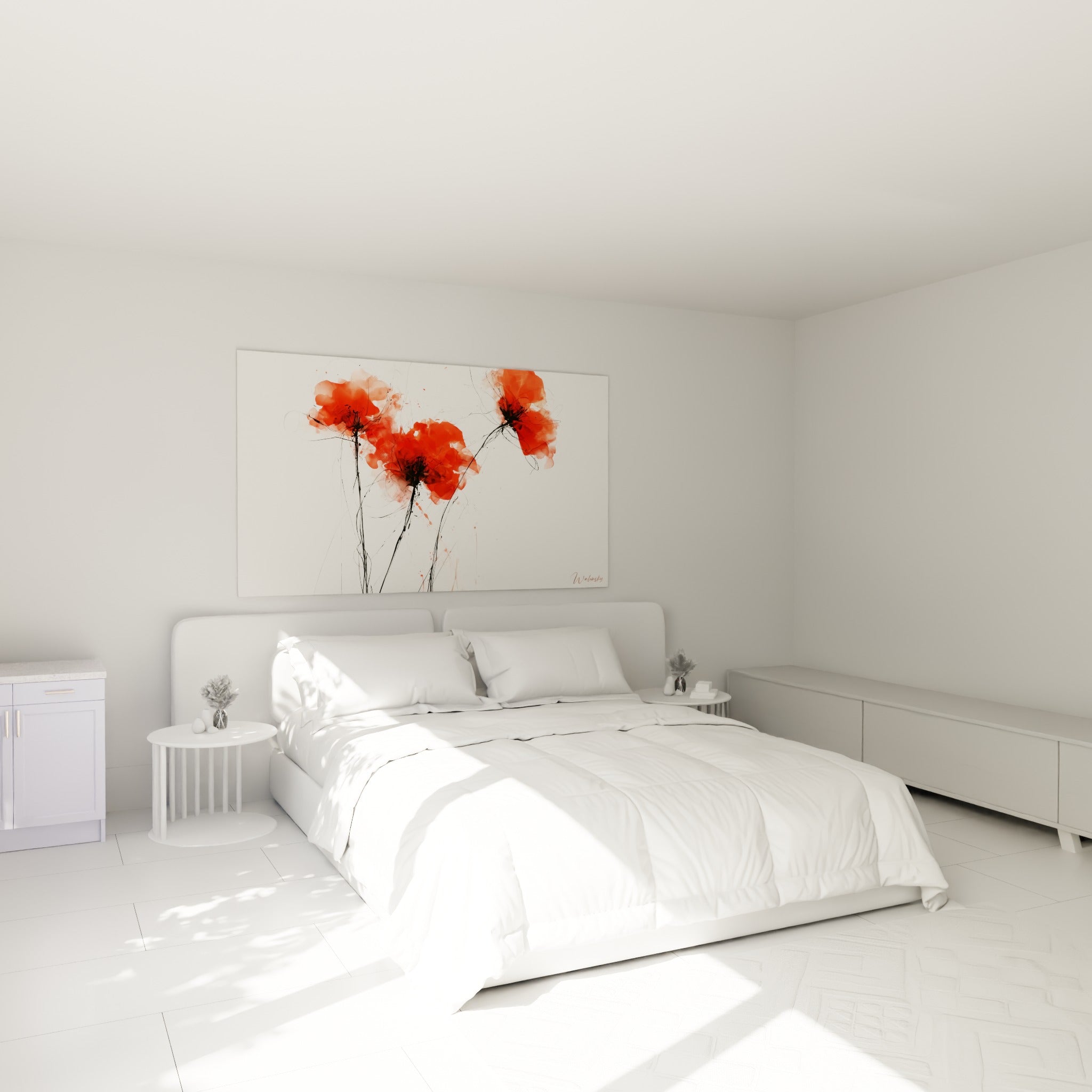 Fleurs de coquelicot rouge et noir se déployant, accrochées au-dessus d'un lit dans une chambre claire