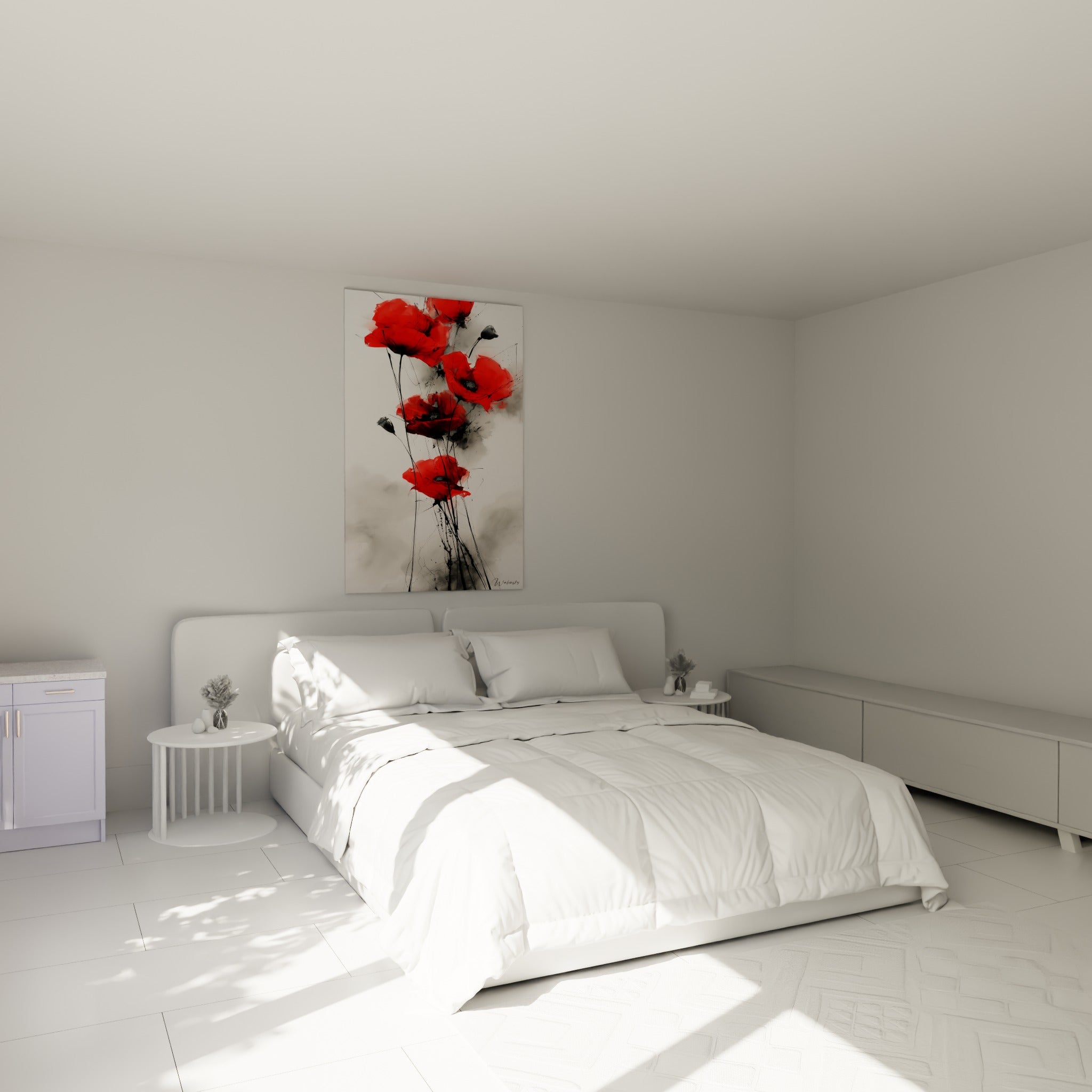 Fleurs de coquelicot rouge et noir se déploient au-dessus d'un lit dans une chambre claire