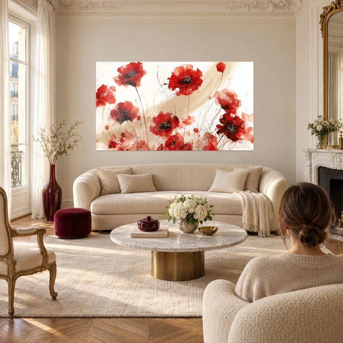 Wall art of scarlet poppies with grey stamens on beige voile, ink splashes, woman seen from behind, above a sofa in a bright living room