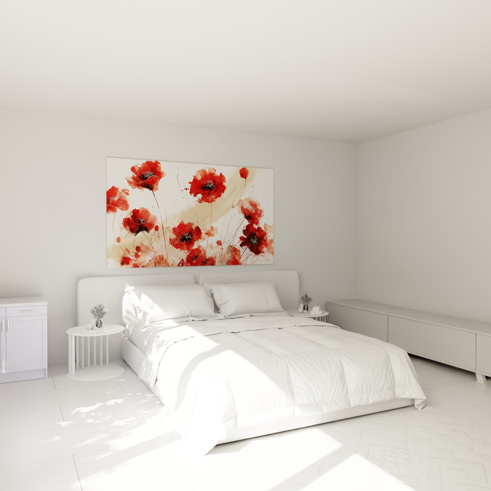 Fleurs de coquelicot rouge vif aux cœurs noirs, accrochées au-dessus d'un lit dans une chambre claire