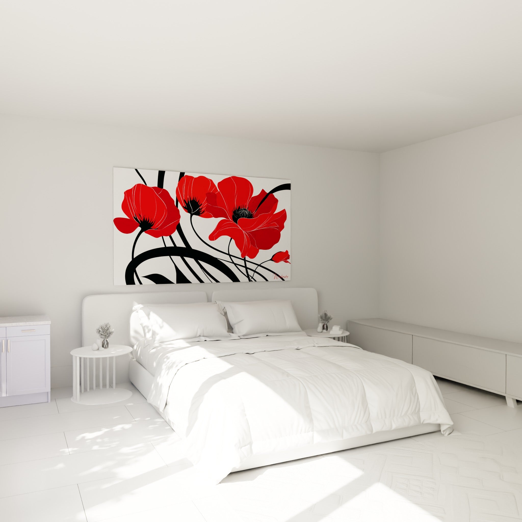 Fleurs de coquelicot rouge vif aux tiges noires graphiques au-dessus d'un lit dans une chambre claire