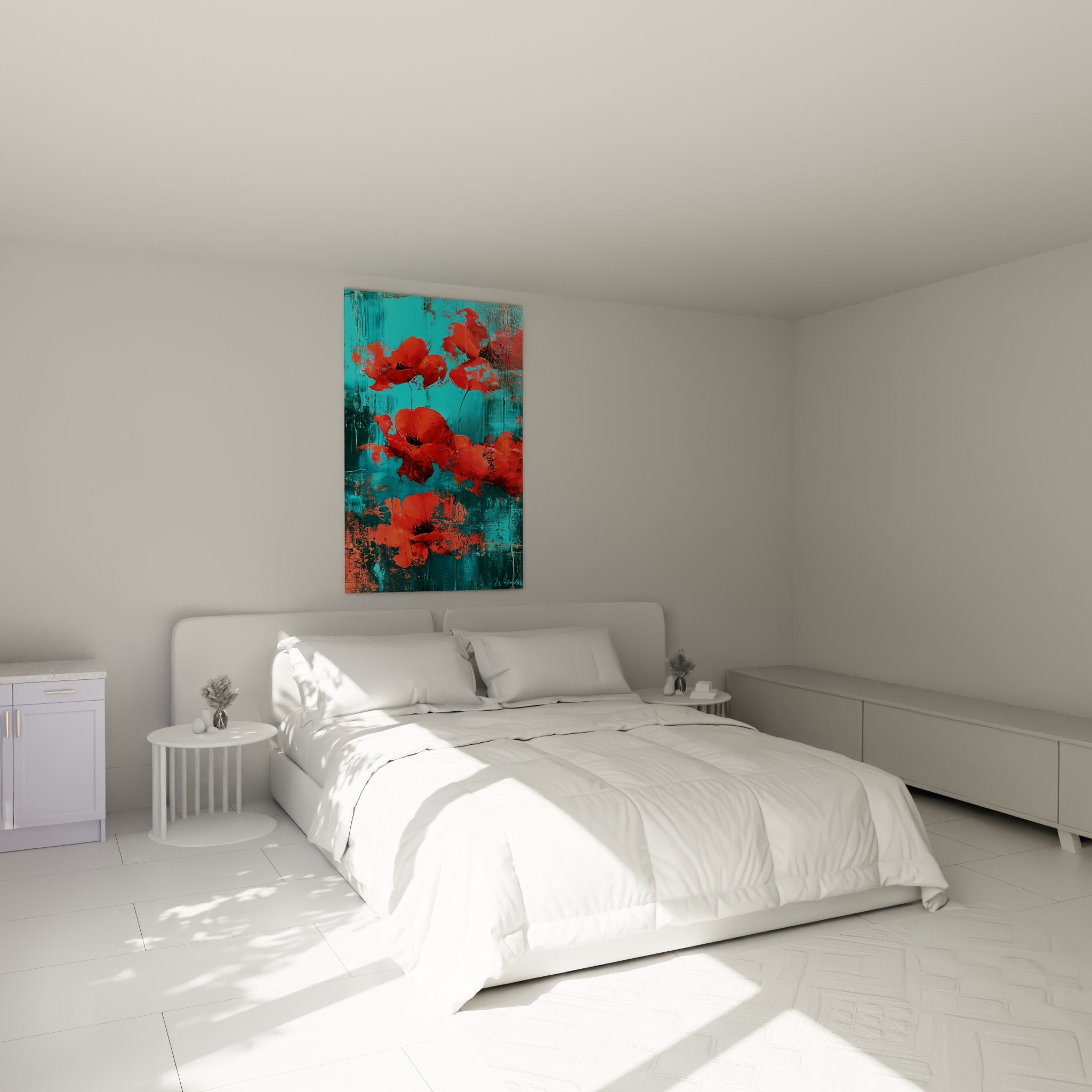 Cinq coquelicots rouges et turquoise en touches épaisses, accrochés au-dessus d'un lit dans une chambre claire