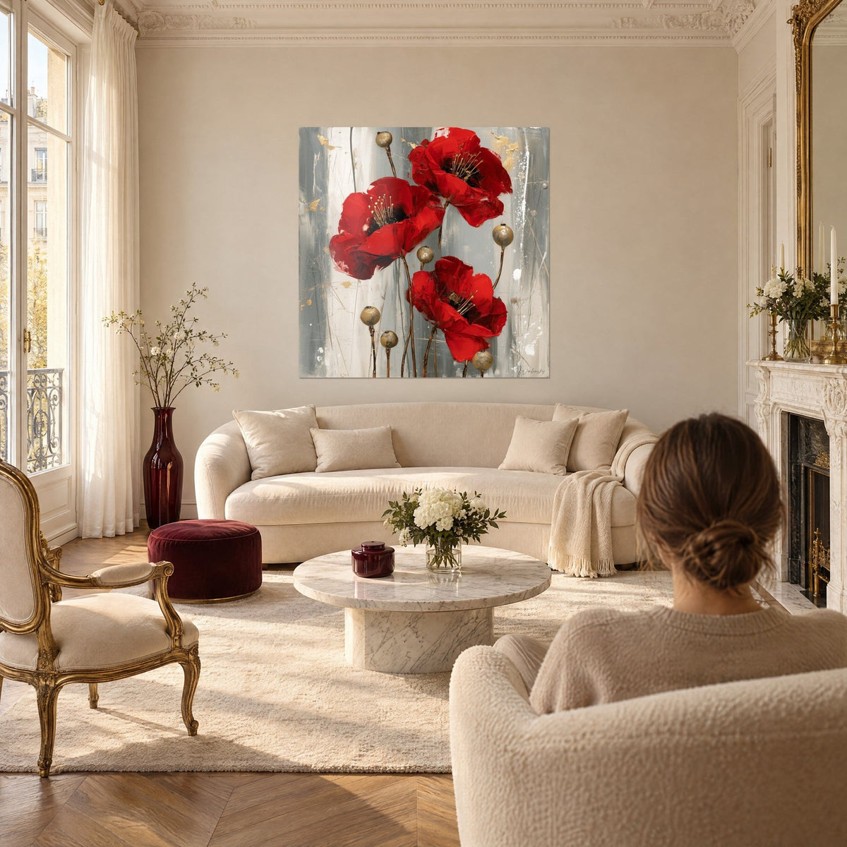 Wall art three scarlet poppies with golden stamens on grey and cream background, woman seen from behind, above a sofa in a bright living room