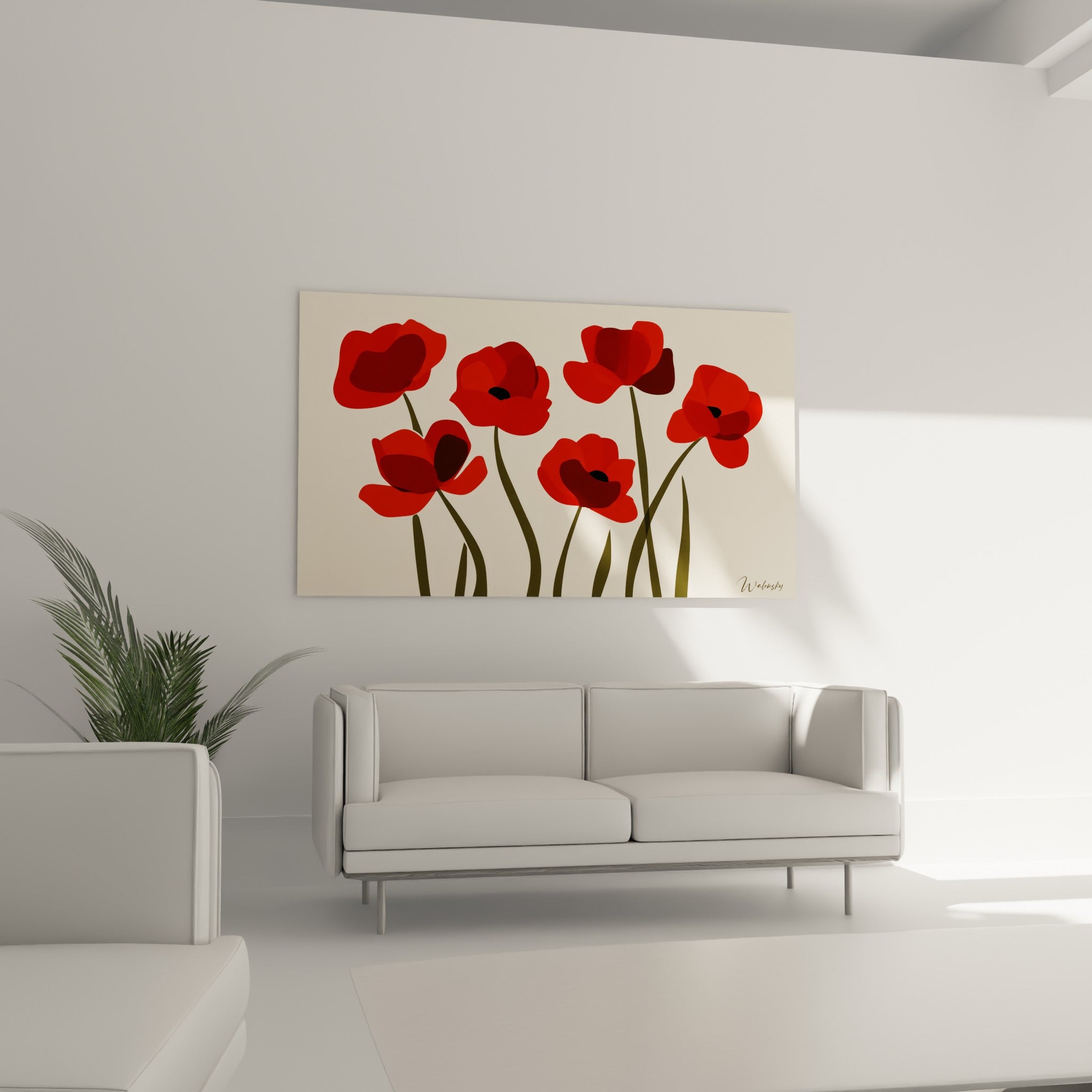 Fleurs de coquelicot rouge vif et bordeaux sur fond ivoire, accrochées au-dessus d'un canapé dans un salon lumineux