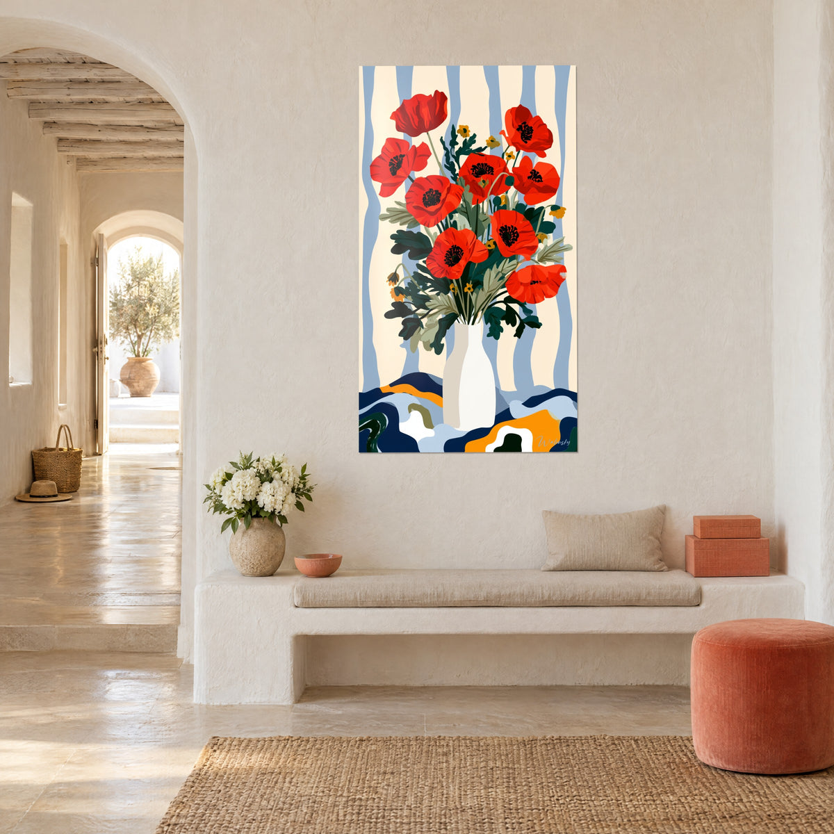 Wall art sheaf of scarlet poppies in a white vase, sky blue and cream stripes, above a light stone bench