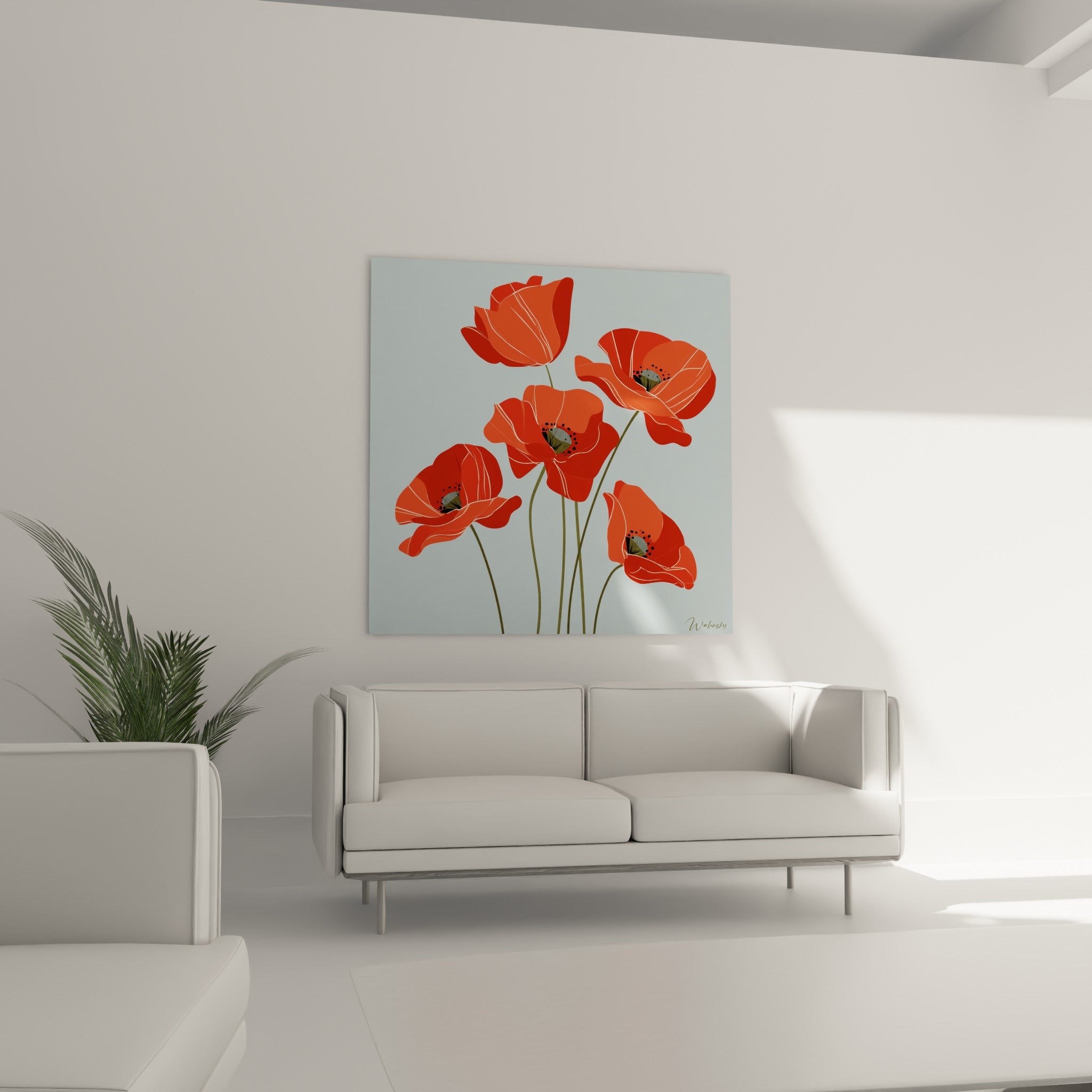 Fleurs de coquelicot rouge et bleu pastel aux lignes nettes, disposées au-dessus d'un canapé dans un salon lumineux