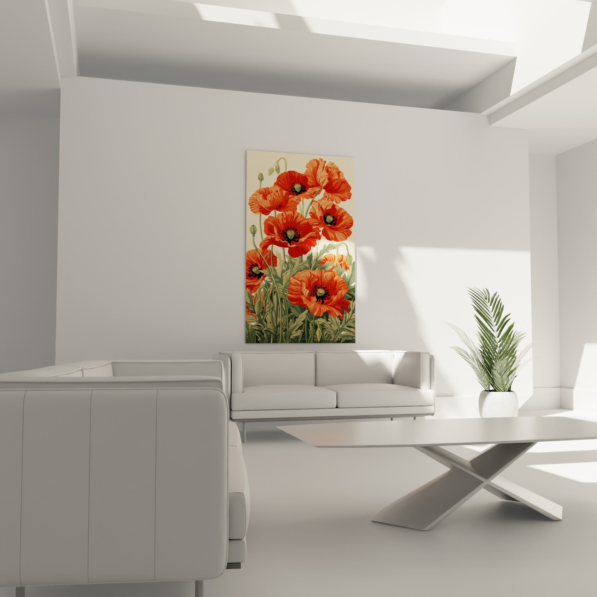 Fleurs de coquelicot orangé et bourgeons verts accrochés au-dessus d'un canapé dans un salon lumineux