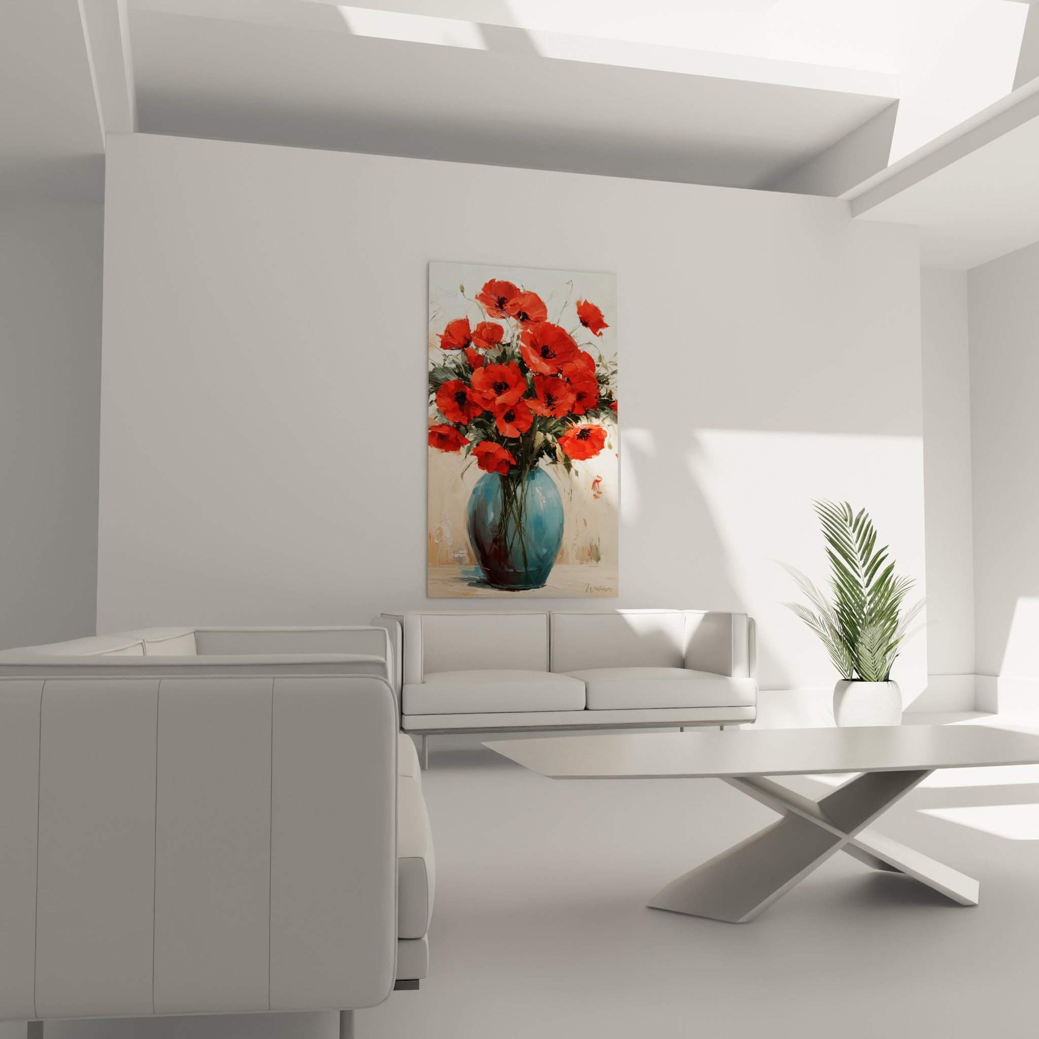 Fleurs de coquelicot rouge vif et feuillage vert olive placées au-dessus d'un canapé dans un salon lumineux