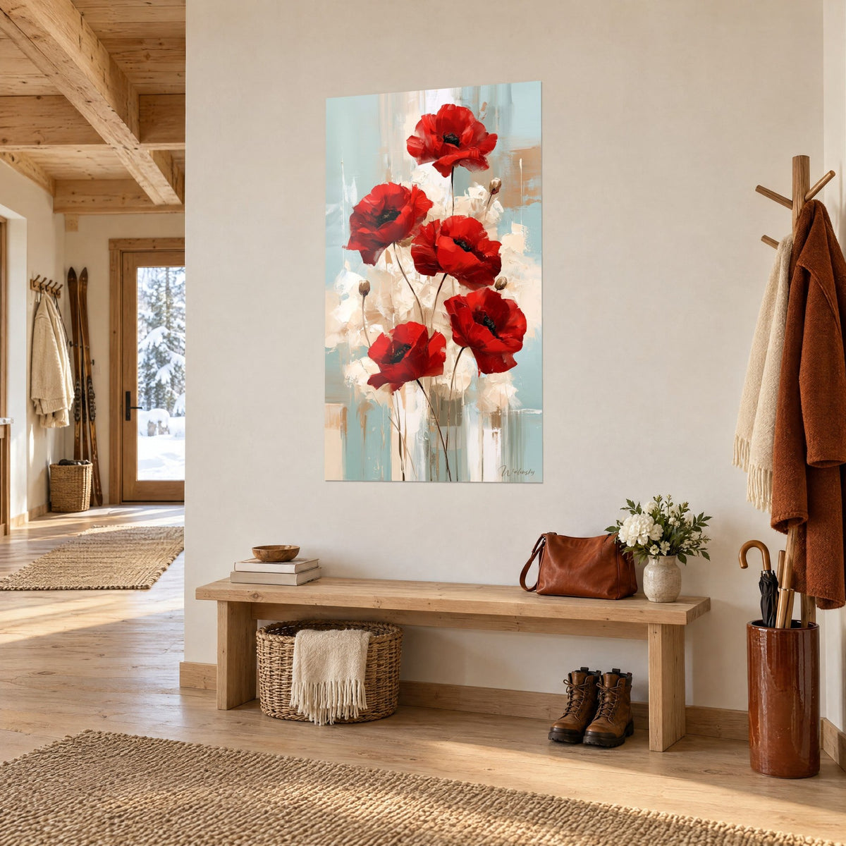 Quadro mazzo di papaveri rosso vivo con petali crema corposi e boccioli marroni arrotondati, vista di tre quarti in uno chalet