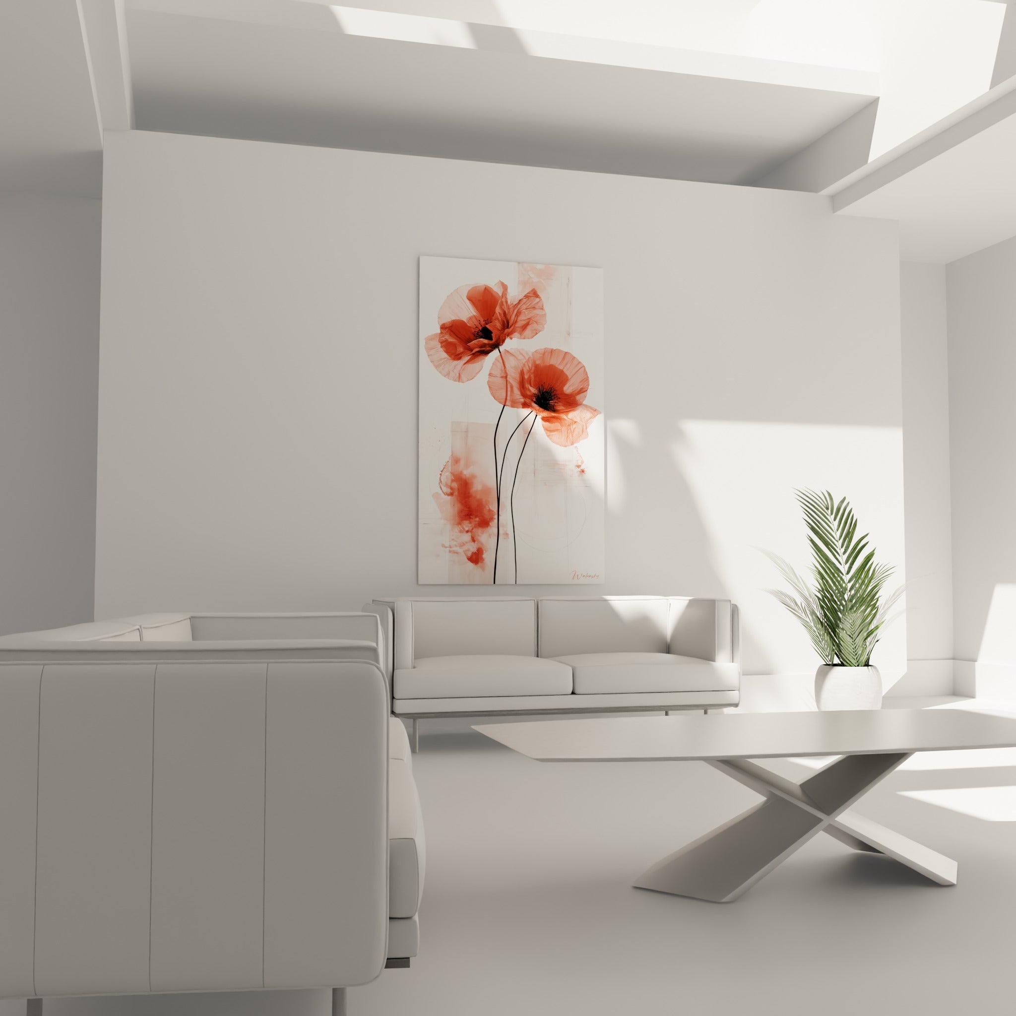 Pétales de coquelicot corail et tiges noires graphiques au-dessus d'un canapé dans un salon lumineux