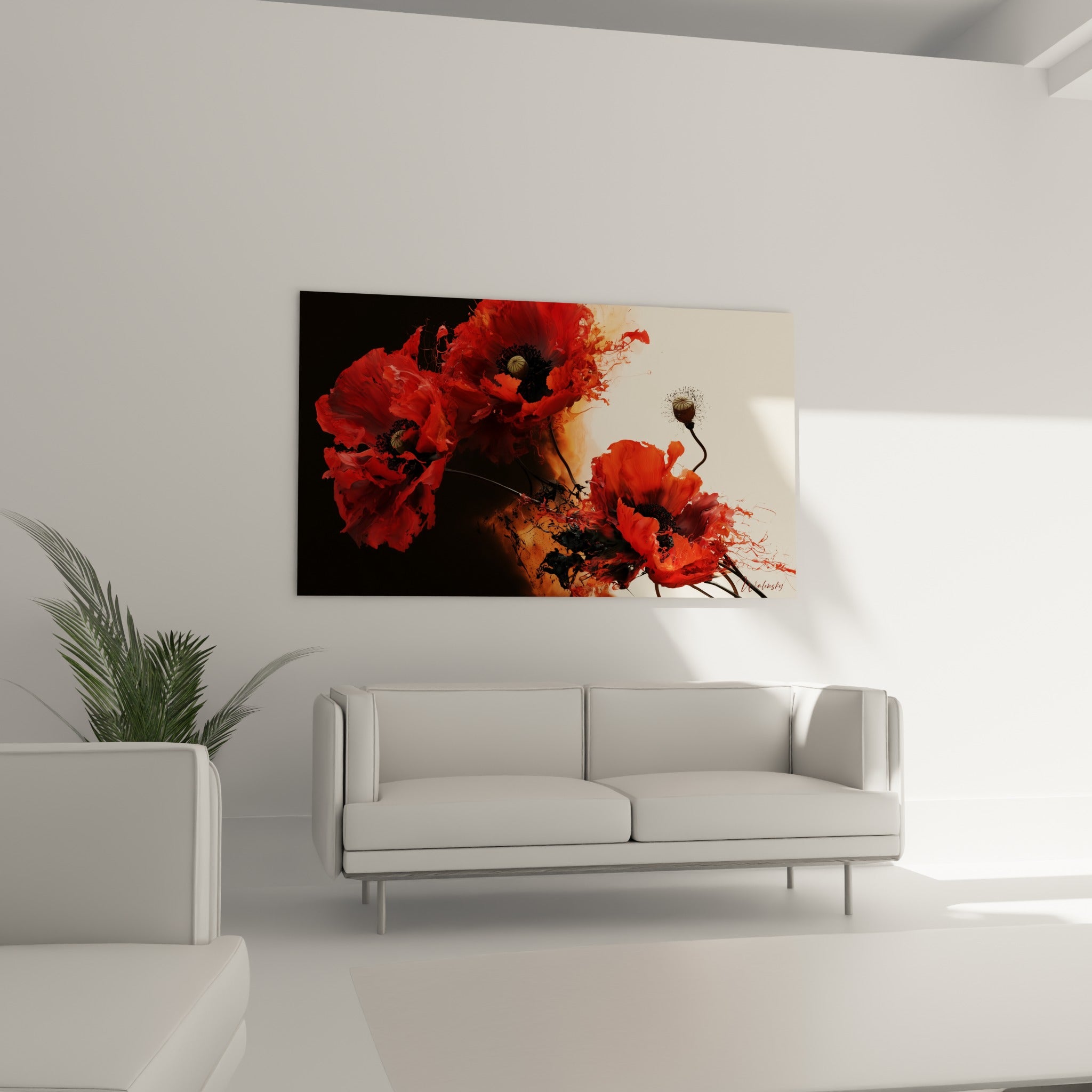 Fleurs de coquelicot écarlates jaillissant d'un fond sombre, au-dessus d'un canapé dans un salon lumineux