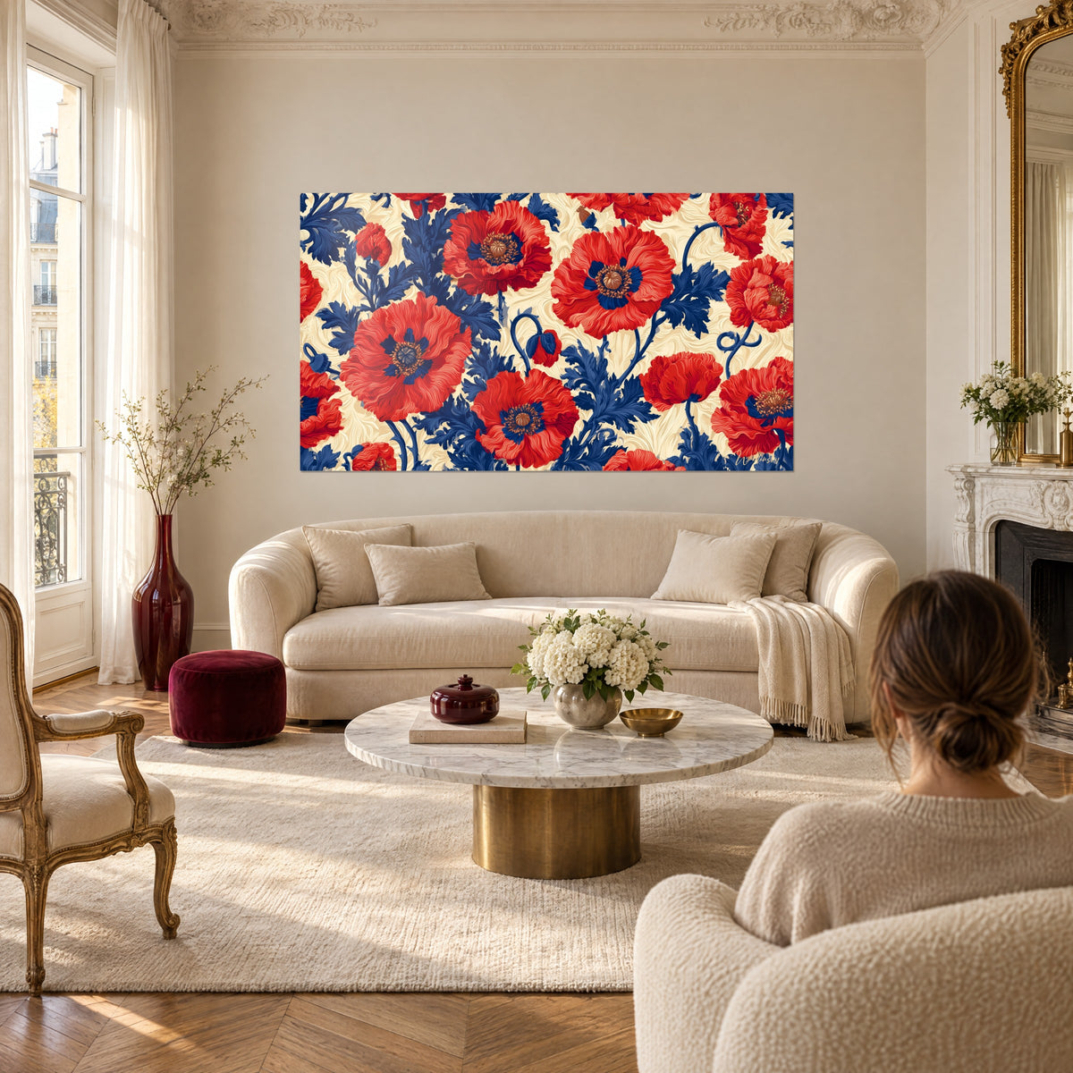 Quadro di papaveri scarlatti su fogliame indaco e sfondo crema, appeso sopra un divano in un soggiorno luminoso