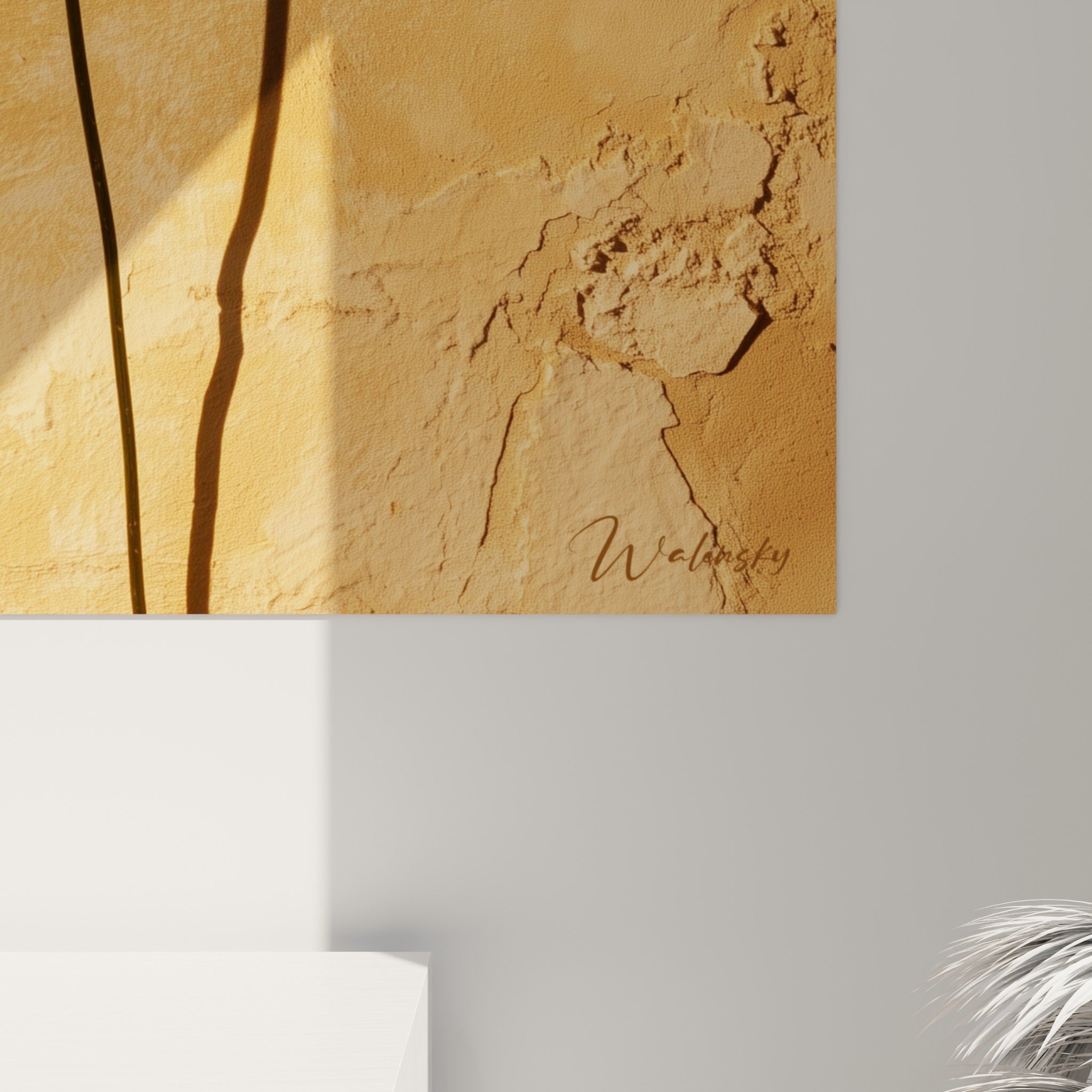 Grain de l'impression révélant les nuances ocre et terracotta du mur ainsi que le rouge intense de la fleur