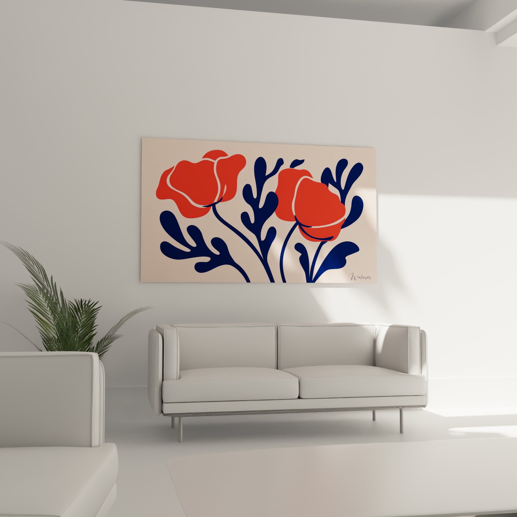 Pétales rouge corail et tiges bleu marine du coquelicot au-dessus d'un canapé dans un salon lumineux