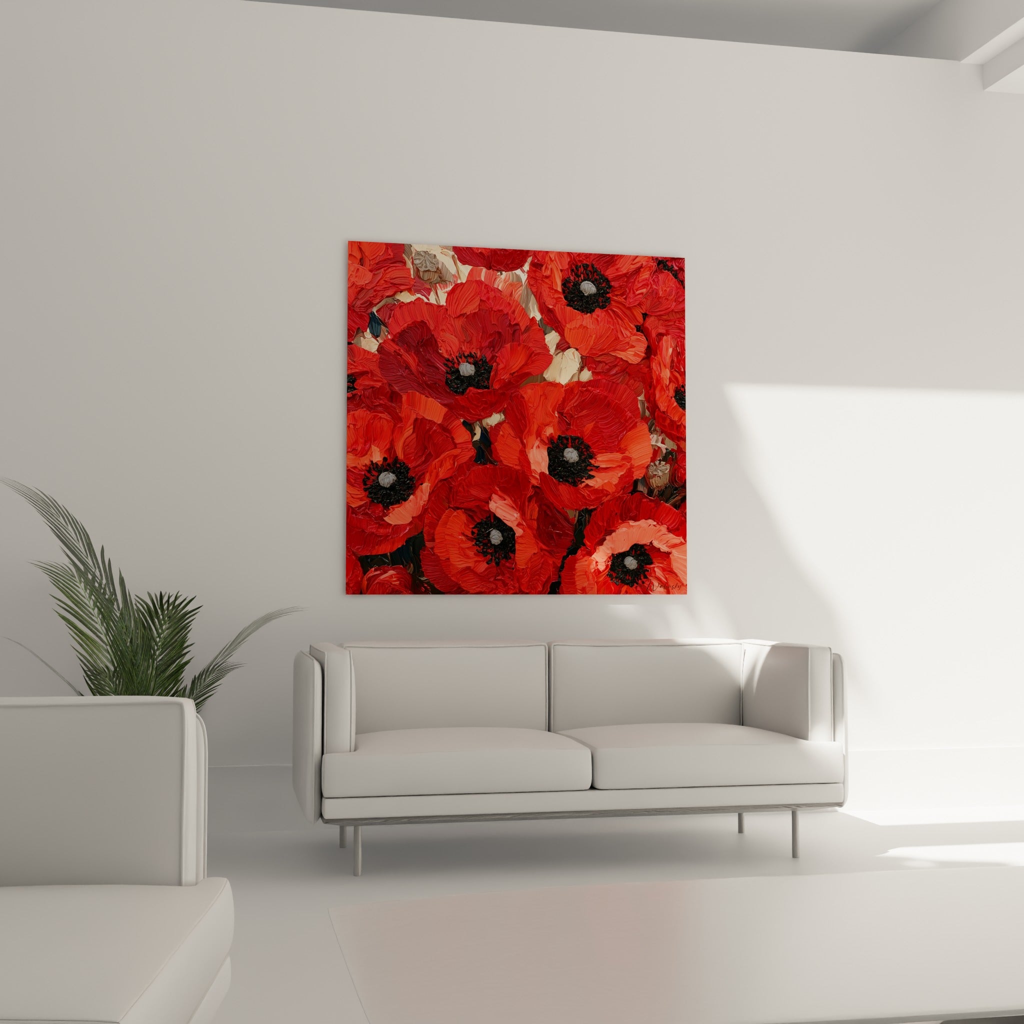 Bouquet de coquelicots grenat et corail à la matière dense, accroché au-dessus d'un canapé dans un salon lumineux