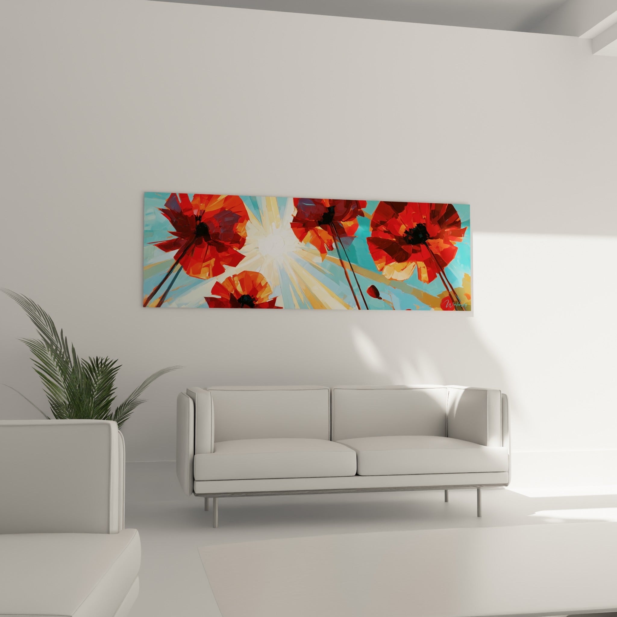 Fleurs écarlates baignées de lumière dorée ornent un mur au-dessus d'un canapé dans un salon lumineux