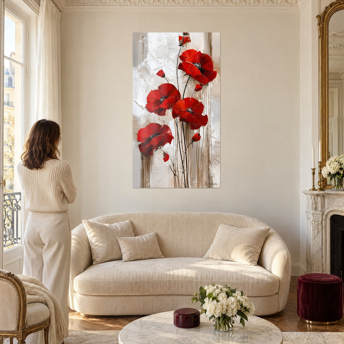 Gemälde scharlachrote Mohnblumen auf rissigem weißem Grund mit beigen Laufspuren, Frau von hinten über einem Sofa in einem hellen Wohnzimmer