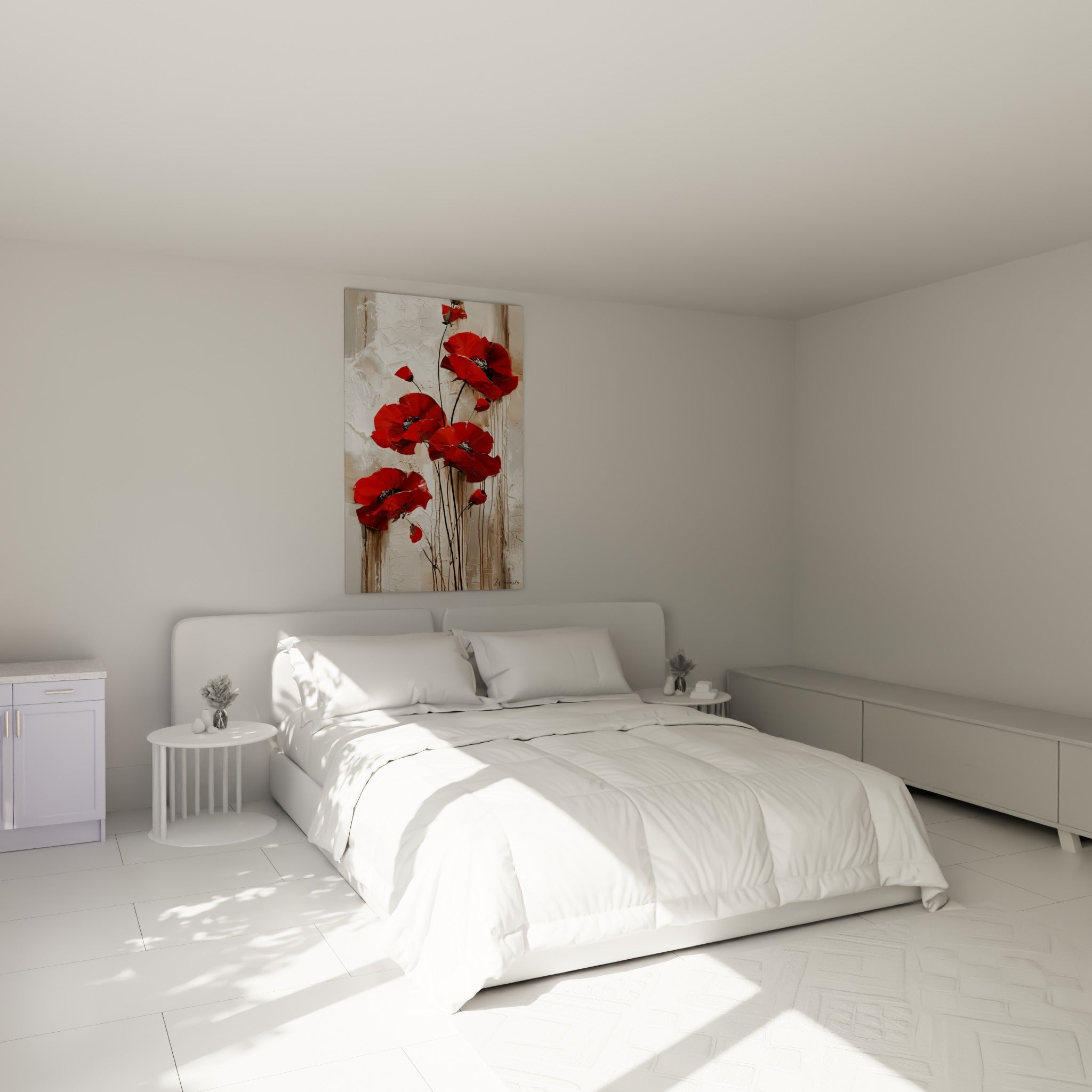 Bouquet de coquelicots rouges et bruns au-dessus d'un lit dans une chambre claire