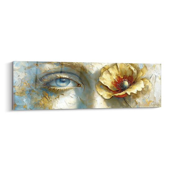 Quadro papavero giallo dorato e occhio blu azzurro pittura texture in rilievo impasto arte contemporanea floreale sguardo